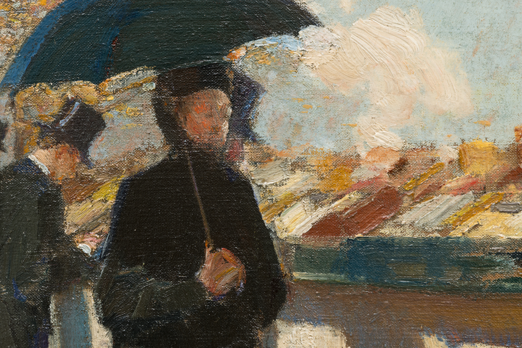 <div><font face=Lato size=3 color=black><em>Booksellers by the Seine</em> (1888) emerges from a pivotal moment in Childe Hassam’s early career, created during his period of study in Paris when he was absorbing the influence of the French Impressionists while already demonstrating the skill of an accomplished academic painter. In this finely observed scene along the banks of the Seine, Hassam turns his attention to everyday urban life, depicting Parisians as they browse the open air bookstalls that have lined the river for generations.</font></div><br><br><div>&nbsp;</div><br><br><div><font face=Lato size=3 color=black>The painting reflects Hassam’s gift for portraying people interacting naturally with their surroundings, a hallmark of his finest works. Here he captures not only the activity of the booksellers but also the shifting atmosphere of the city itself, conveyed through soft dabs of paint that suggest autumn leaves floating gently through the air and settling along the foreground. This delicate blending of human presence, weather, and light reveals Hassam’s deep interest in the transient beauty of urban life and marks <em>Booksellers by the Seine</em> as an evocative example from an essential period in his artistic development.</font></div>