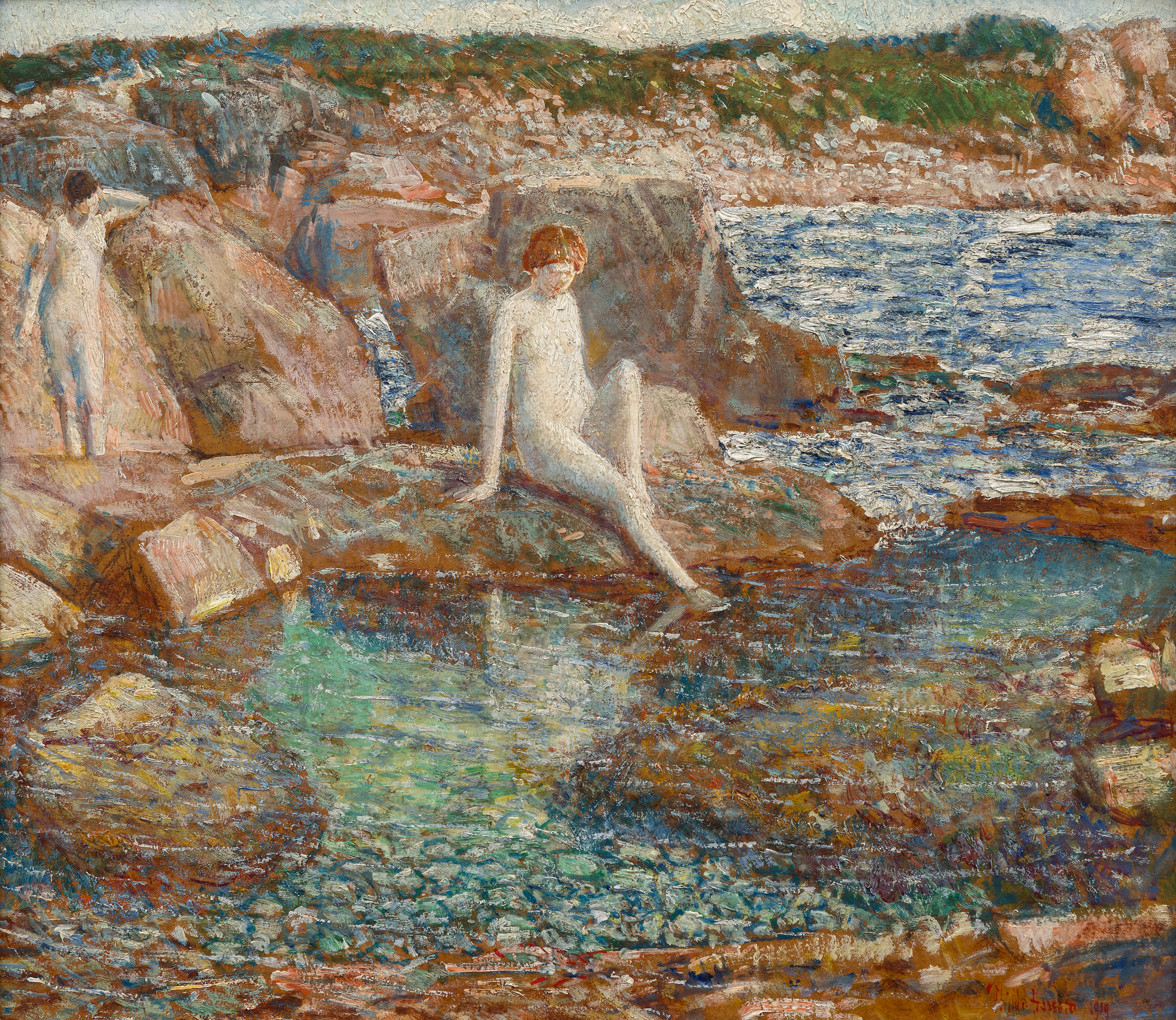 <div><font face=Lato size=3 color=black><em>The Inlet Pool</em> is a radiant example of Childe Hassam’s gift for capturing the interplay of color, light, and atmosphere, with the jewel-like tones of the reflective pool in the foreground revealing his remarkable command of both complex chromatic harmonies and the shimmering surface of water. The composition draws the viewer into an intimate coastal scene where sunlight dances across still water, creating a sense of quiet clarity that is characteristic of Hassam’s finest seascapes.</font></div><br><br><div>&nbsp;</div><br><br><div><font face=Lato size=3 color=black>The painting held deep personal meaning for the artist, remaining in his collection until his death before passing through the hands of prominent collectors including radio and television writer Coleman Jacoby, financiers Robert Kaplan, and later the socialite Mrs. Clayton Rautbord.</font></div><br><br><div>&nbsp;</div><br><br><div><font face=Lato size=3 color=black>Together, these qualities mark the work as a beautifully preserved and deeply expressive example of Hassam’s mature style, showcasing his ability to transform a simple inlet into a scene of brilliant light, subtle movement, and enduring lyricism.</font></div>