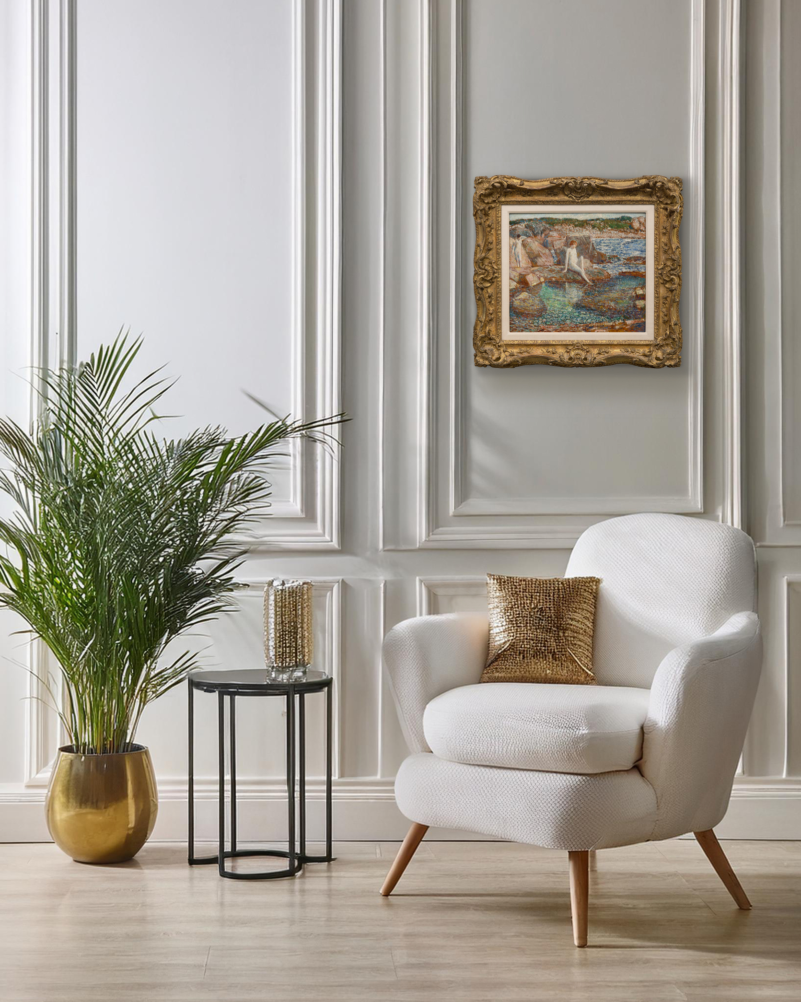 <div><font face=Lato size=3 color=black><em>The Inlet Pool</em> is a radiant example of Childe Hassam’s gift for capturing the interplay of color, light, and atmosphere, with the jewel-like tones of the reflective pool in the foreground revealing his remarkable command of both complex chromatic harmonies and the shimmering surface of water. The composition draws the viewer into an intimate coastal scene where sunlight dances across still water, creating a sense of quiet clarity that is characteristic of Hassam’s finest seascapes.</font></div><br><br><div>&nbsp;</div><br><br><div><font face=Lato size=3 color=black>The painting held deep personal meaning for the artist, remaining in his collection until his death before passing through the hands of prominent collectors including radio and television writer Coleman Jacoby, financiers Robert Kaplan, and later the socialite Mrs. Clayton Rautbord.</font></div><br><br><div>&nbsp;</div><br><br><div><font face=Lato size=3 color=black>Together, these qualities mark the work as a beautifully preserved and deeply expressive example of Hassam’s mature style, showcasing his ability to transform a simple inlet into a scene of brilliant light, subtle movement, and enduring lyricism.</font></div>