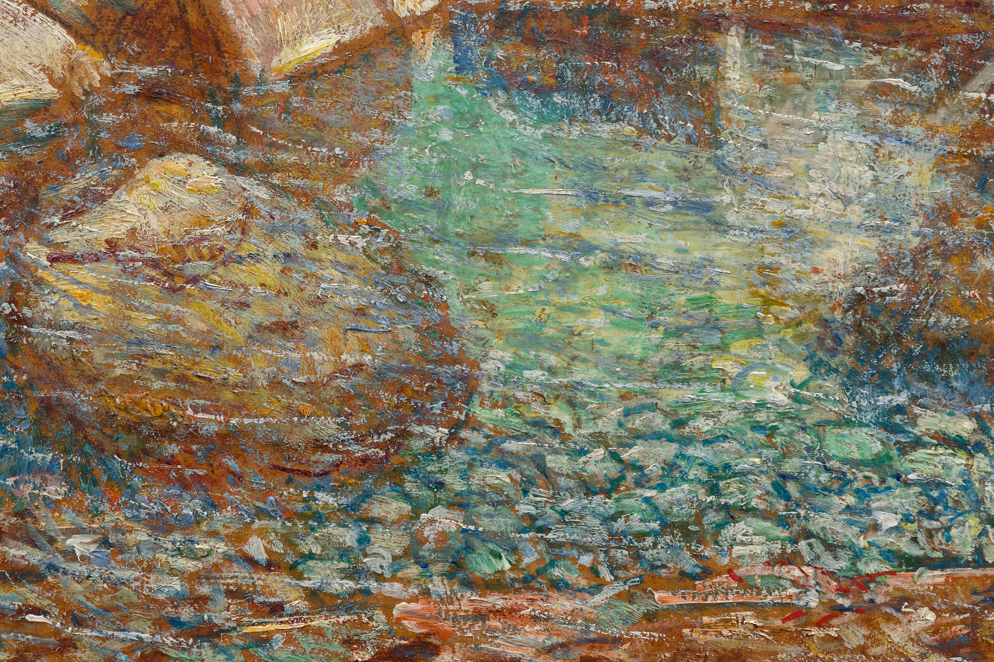 <div><font face=Lato size=3 color=black><em>The Inlet Pool</em> is a radiant example of Childe Hassam’s gift for capturing the interplay of color, light, and atmosphere, with the jewel-like tones of the reflective pool in the foreground revealing his remarkable command of both complex chromatic harmonies and the shimmering surface of water. The composition draws the viewer into an intimate coastal scene where sunlight dances across still water, creating a sense of quiet clarity that is characteristic of Hassam’s finest seascapes.</font></div><br><br><div>&nbsp;</div><br><br><div><font face=Lato size=3 color=black>The painting held deep personal meaning for the artist, remaining in his collection until his death before passing through the hands of prominent collectors including radio and television writer Coleman Jacoby, financiers Robert Kaplan, and later the socialite Mrs. Clayton Rautbord.</font></div><br><br><div>&nbsp;</div><br><br><div><font face=Lato size=3 color=black>Together, these qualities mark the work as a beautifully preserved and deeply expressive example of Hassam’s mature style, showcasing his ability to transform a simple inlet into a scene of brilliant light, subtle movement, and enduring lyricism.</font></div>