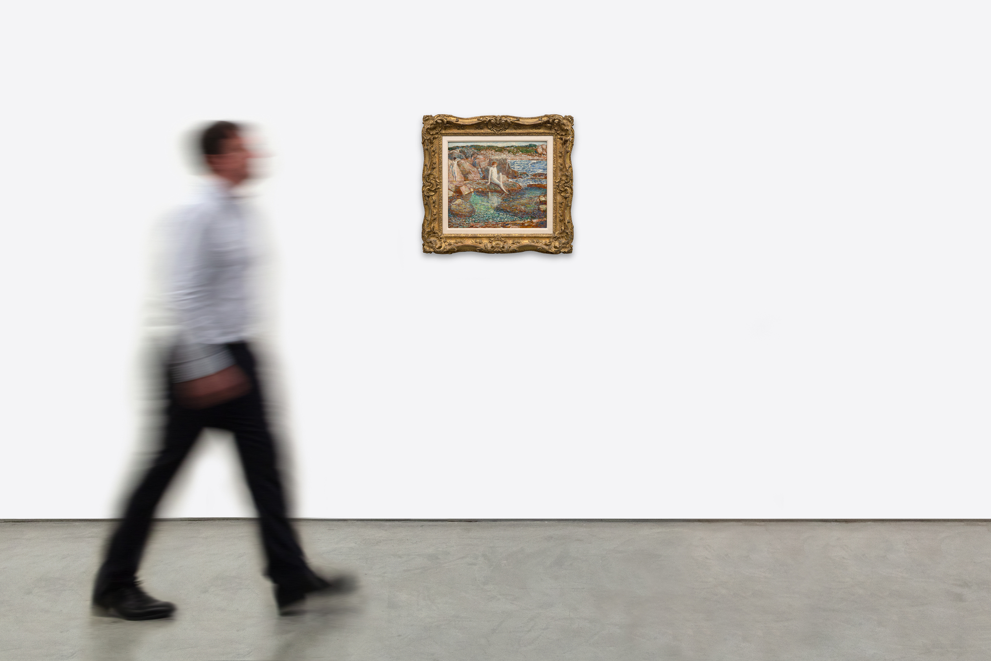 <div><font face=Lato size=3 color=black><em>The Inlet Pool</em> is a radiant example of Childe Hassam’s gift for capturing the interplay of color, light, and atmosphere, with the jewel-like tones of the reflective pool in the foreground revealing his remarkable command of both complex chromatic harmonies and the shimmering surface of water. The composition draws the viewer into an intimate coastal scene where sunlight dances across still water, creating a sense of quiet clarity that is characteristic of Hassam’s finest seascapes.</font></div><br><br><div>&nbsp;</div><br><br><div><font face=Lato size=3 color=black>The painting held deep personal meaning for the artist, remaining in his collection until his death before passing through the hands of prominent collectors including radio and television writer Coleman Jacoby, financiers Robert Kaplan, and later the socialite Mrs. Clayton Rautbord.</font></div><br><br><div>&nbsp;</div><br><br><div><font face=Lato size=3 color=black>Together, these qualities mark the work as a beautifully preserved and deeply expressive example of Hassam’s mature style, showcasing his ability to transform a simple inlet into a scene of brilliant light, subtle movement, and enduring lyricism.</font></div>