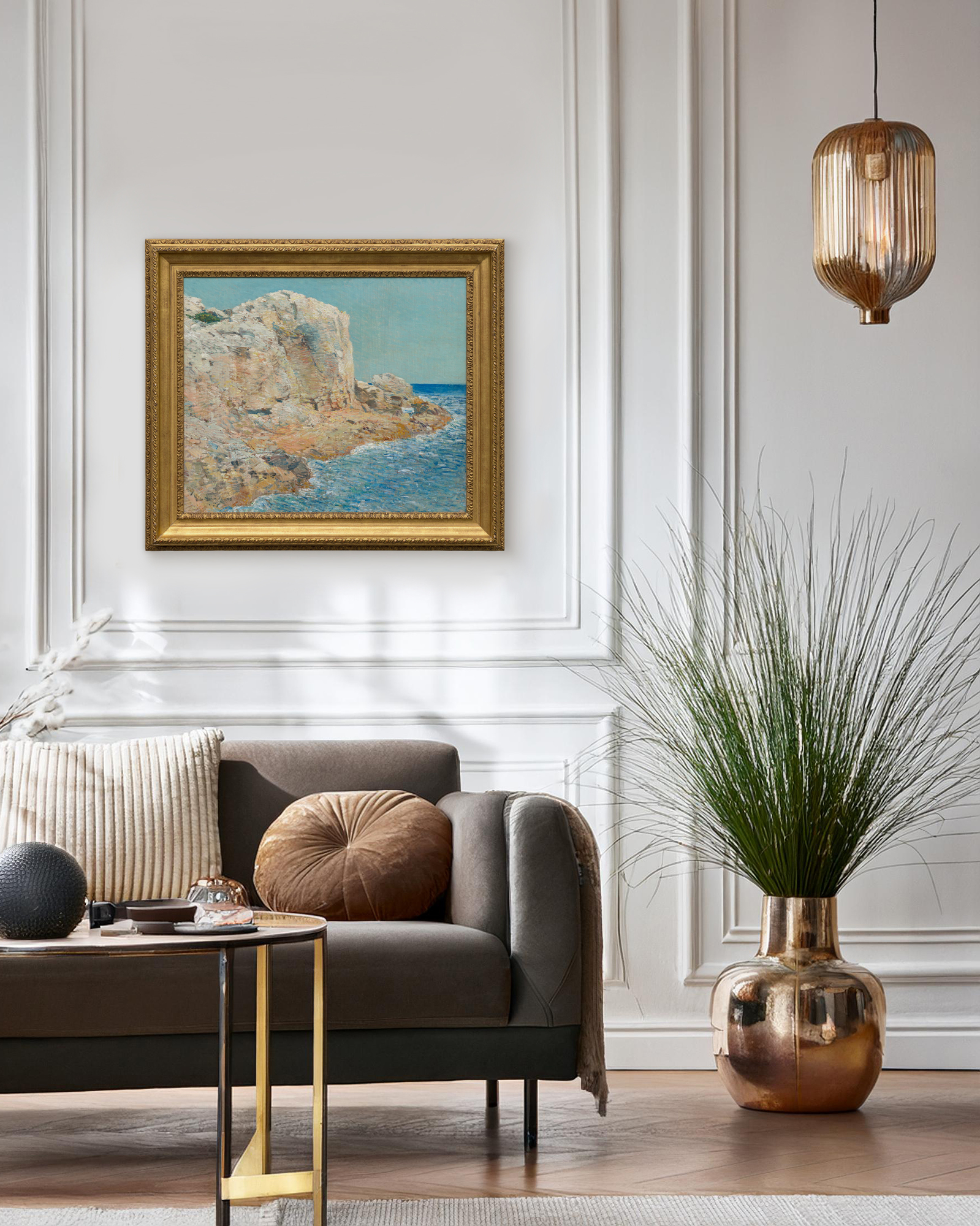 <div><font face=Lato size=3 color=black><em>The Isle of Shoals</em> reflects one of the most personal and sustained subjects in the career of Childe Hassam, remaining in the artists own collection for twenty years. Hassam first visited the Isles of Shoals in 1884, returning regularly until 1915, and the rugged beauty of this small island group off the Gulf of Maine became a central source of inspiration throughout his life. The shifting light, scattered wildflowers, and crystalline waters offered a constant supply of visual poetry, and the islands became the setting for many of his most luminous and celebrated landscapes and coastal scenes.</font></div><br><br><div>&nbsp;</div><br><br><div><font face=Lato size=3 color=black>Similar views of the Isles of Shoals now reside in the permanent collections of the Metropolitan Museum of Art, the National Gallery of Art, and the Dallas Museum of Art, underscoring the importance of the subject within Hassam’s oeuvre. The significance of this body of work was further affirmed in 2016 when the Peabody Essex Museum organized a major exhibition devoted entirely to his Shoals paintings.</font></div><br><br><div>&nbsp;</div><br><br><div><font face=Lato size=3 color=black>In <em>The Isle of Shoals</em>, Hassam captures the clear northern light and the quiet splendor of the rocky coast, presenting a scene that reflects both the serenity of the islands and the artists deep connection to them.</font></div>