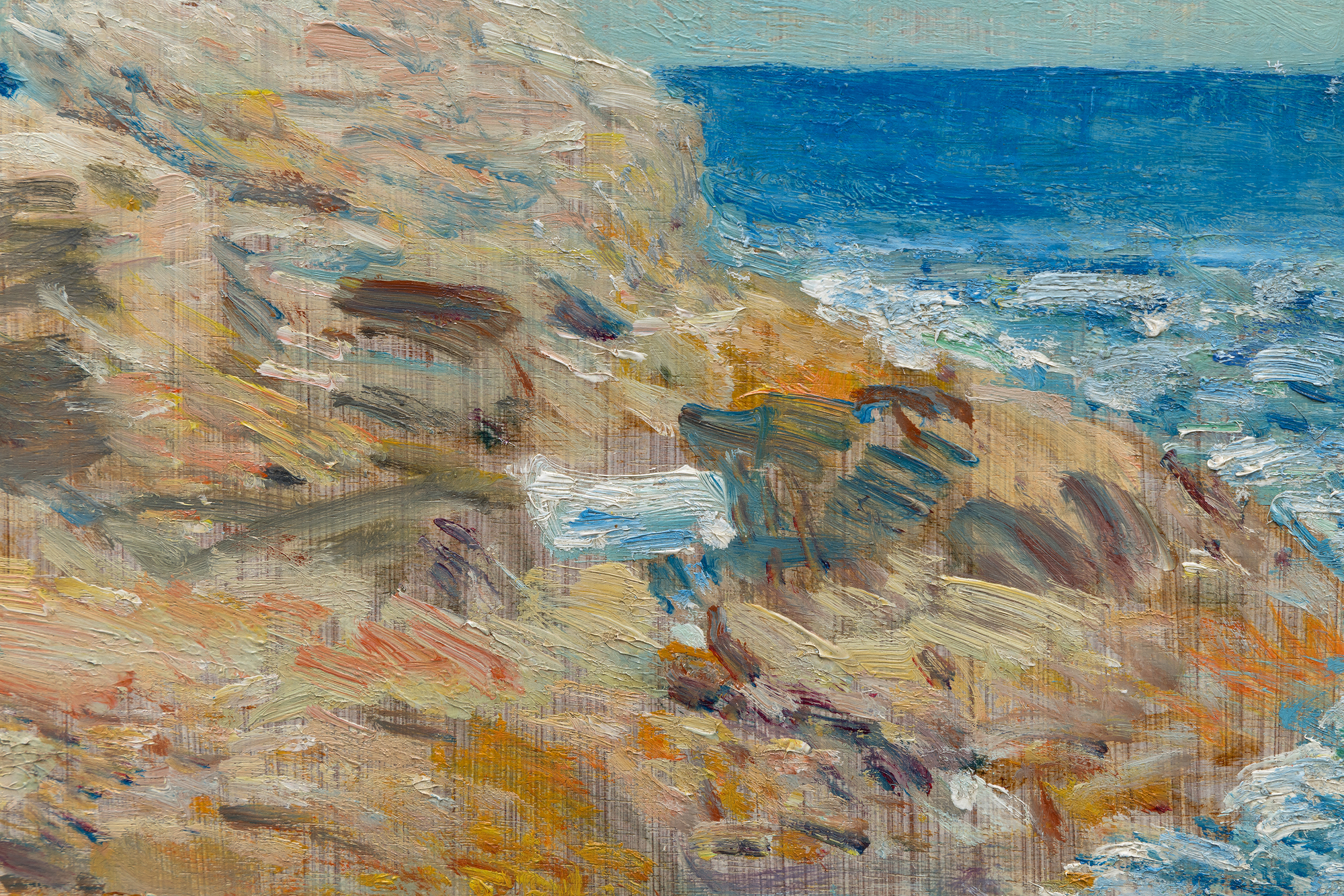 <div><font face=Lato size=3 color=black><em>The Isle of Shoals</em> reflects one of the most personal and sustained subjects in the career of Childe Hassam, remaining in the artists own collection for twenty years. Hassam first visited the Isles of Shoals in 1884, returning regularly until 1915, and the rugged beauty of this small island group off the Gulf of Maine became a central source of inspiration throughout his life. The shifting light, scattered wildflowers, and crystalline waters offered a constant supply of visual poetry, and the islands became the setting for many of his most luminous and celebrated landscapes and coastal scenes.</font></div><br><br><div>&nbsp;</div><br><br><div><font face=Lato size=3 color=black>Similar views of the Isles of Shoals now reside in the permanent collections of the Metropolitan Museum of Art, the National Gallery of Art, and the Dallas Museum of Art, underscoring the importance of the subject within Hassam’s oeuvre. The significance of this body of work was further affirmed in 2016 when the Peabody Essex Museum organized a major exhibition devoted entirely to his Shoals paintings.</font></div><br><br><div>&nbsp;</div><br><br><div><font face=Lato size=3 color=black>In <em>The Isle of Shoals</em>, Hassam captures the clear northern light and the quiet splendor of the rocky coast, presenting a scene that reflects both the serenity of the islands and the artists deep connection to them.</font></div>