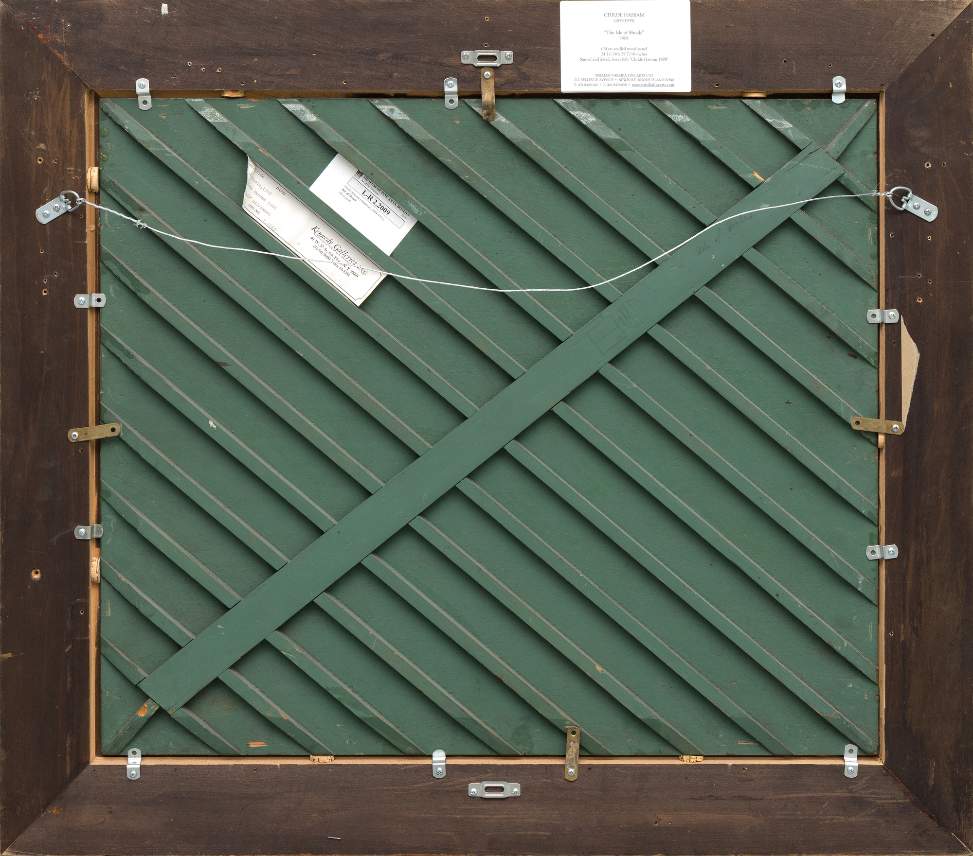 <div><font face=Lato size=3 color=black><em>The Isle of Shoals</em> reflects one of the most personal and sustained subjects in the career of Childe Hassam, remaining in the artists own collection for twenty years. Hassam first visited the Isles of Shoals in 1884, returning regularly until 1915, and the rugged beauty of this small island group off the Gulf of Maine became a central source of inspiration throughout his life. The shifting light, scattered wildflowers, and crystalline waters offered a constant supply of visual poetry, and the islands became the setting for many of his most luminous and celebrated landscapes and coastal scenes.</font></div><br><br><div>&nbsp;</div><br><br><div><font face=Lato size=3 color=black>Similar views of the Isles of Shoals now reside in the permanent collections of the Metropolitan Museum of Art, the National Gallery of Art, and the Dallas Museum of Art, underscoring the importance of the subject within Hassam’s oeuvre. The significance of this body of work was further affirmed in 2016 when the Peabody Essex Museum organized a major exhibition devoted entirely to his Shoals paintings.</font></div><br><br><div>&nbsp;</div><br><br><div><font face=Lato size=3 color=black>In <em>The Isle of Shoals</em>, Hassam captures the clear northern light and the quiet splendor of the rocky coast, presenting a scene that reflects both the serenity of the islands and the artists deep connection to them.</font></div>