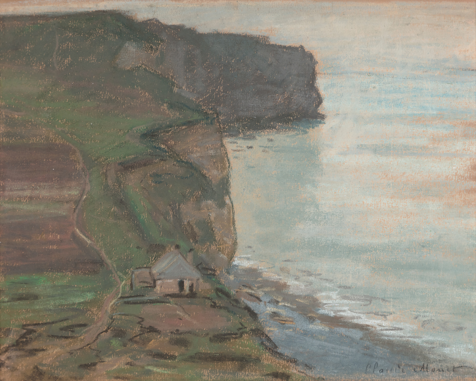 <div><font face=Lato size=3 color="#191919">As the idea of using drawings, whether in pencil or pastel to prepare a painting was at odds with Monet’s publicised creative process, he tended to downplay its importance in his work. However, after his death eight folios containing over four hundred drawings came to light as well as many pastels. This convenient and lightweight medium allowed him to experiment with composition and colour and develop ideas for his oil paintings at speed. He also used pastel to produce finished pictures, as in this example.</font></div><br><br><div><font face=Lato size=3 color="#191919">&nbsp;</font></div><br><br><div><font face=Lato size=3 color="#191919">During the 1880s Monet returned to the Normandy coast. He found inspiration in the sparkling light and famous limestone cliffs, as had Delacroix and Courbet. As well as working directly in oils, he followed Boudin’s example and used black chalk and pastel to study the effects of light and colour on the sky, sea and land.</font></div><br><br><div><font face=Lato size=3 color="#191919">&nbsp;</font></div><br><br><div><font face=Lato size=3 color="#191919">In this seascape at Etretat, twenty miles round the coast to the north of Le Havre, Monet has chosen an unusual composition, dividing the landscape down the centre with the vertiginous cliffs; the left half of the picture composed of earthy greens and browns, the right half a sun dappled sea that dissolves into the sky, the horizon only suggested by the lightest touch of charcoal. This picture has a marked difference in atmosphere to another pastel of the nearby Porte d’Aval, dateable to the same period, whose late afternoon sky shows the range of expression that could be achieved with pastel. By the summer of 1885 the year he made this pastel Monet had largely abandoned urban subjects, and was more drawn towards natural phenomena. He painted many views along the coast under different light conditions. As noted in the catalogue raisonné on Monet, this pastel is not a preparatory study for an oil painting, but a wholly original composition. It demonstrates how well the painter understood and enjoyed the versatility of the medium when trying to capture such variable weather.</font></div>