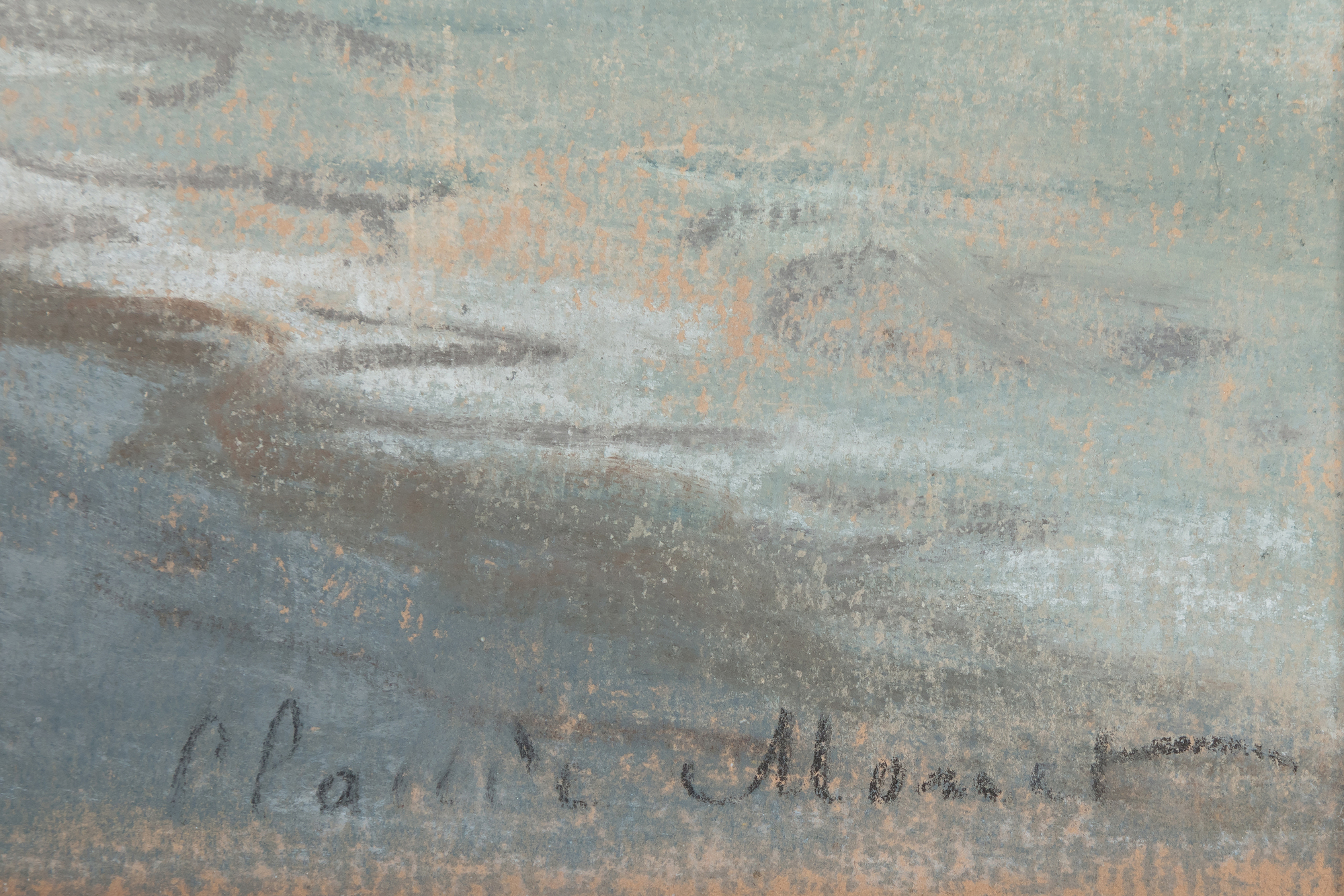 <div><font face=Lato size=3 color="#191919">As the idea of using drawings, whether in pencil or pastel to prepare a painting was at odds with Monet’s publicised creative process, he tended to downplay its importance in his work. However, after his death eight folios containing over four hundred drawings came to light as well as many pastels. This convenient and lightweight medium allowed him to experiment with composition and colour and develop ideas for his oil paintings at speed. He also used pastel to produce finished pictures, as in this example.</font></div><br><br><div><font face=Lato size=3 color="#191919">&nbsp;</font></div><br><br><div><font face=Lato size=3 color="#191919">During the 1880s Monet returned to the Normandy coast. He found inspiration in the sparkling light and famous limestone cliffs, as had Delacroix and Courbet. As well as working directly in oils, he followed Boudin’s example and used black chalk and pastel to study the effects of light and colour on the sky, sea and land.</font></div><br><br><div><font face=Lato size=3 color="#191919">&nbsp;</font></div><br><br><div><font face=Lato size=3 color="#191919">In this seascape at Etretat, twenty miles round the coast to the north of Le Havre, Monet has chosen an unusual composition, dividing the landscape down the centre with the vertiginous cliffs; the left half of the picture composed of earthy greens and browns, the right half a sun dappled sea that dissolves into the sky, the horizon only suggested by the lightest touch of charcoal. This picture has a marked difference in atmosphere to another pastel of the nearby Porte d’Aval, dateable to the same period, whose late afternoon sky shows the range of expression that could be achieved with pastel. By the summer of 1885 the year he made this pastel Monet had largely abandoned urban subjects, and was more drawn towards natural phenomena. He painted many views along the coast under different light conditions. As noted in the catalogue raisonné on Monet, this pastel is not a preparatory study for an oil painting, but a wholly original composition. It demonstrates how well the painter understood and enjoyed the versatility of the medium when trying to capture such variable weather.</font></div>