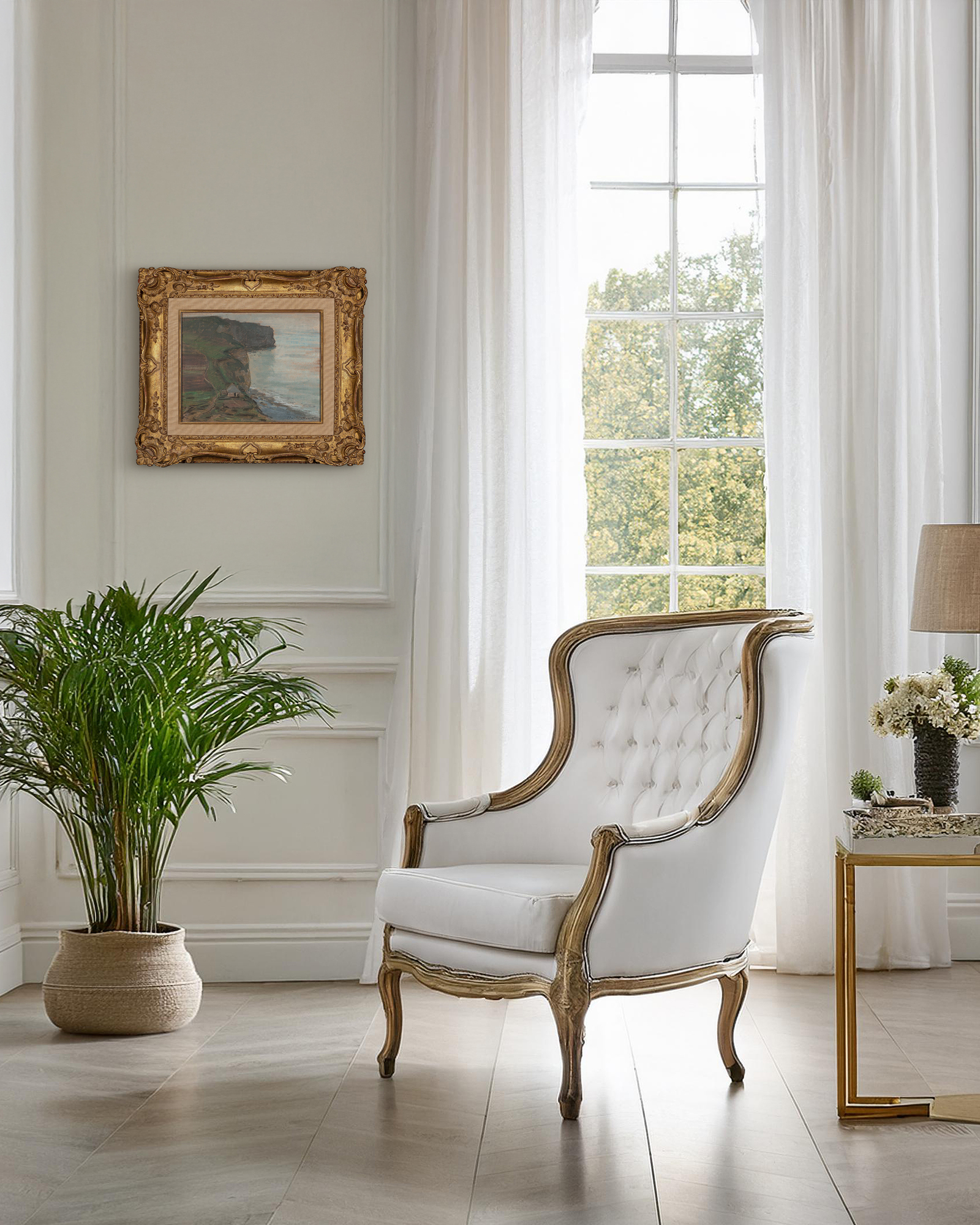 <div><font face=Lato size=3 color="#191919">As the idea of using drawings, whether in pencil or pastel to prepare a painting was at odds with Monet’s publicised creative process, he tended to downplay its importance in his work. However, after his death eight folios containing over four hundred drawings came to light as well as many pastels. This convenient and lightweight medium allowed him to experiment with composition and colour and develop ideas for his oil paintings at speed. He also used pastel to produce finished pictures, as in this example.</font></div><br><br><div><font face=Lato size=3 color="#191919">&nbsp;</font></div><br><br><div><font face=Lato size=3 color="#191919">During the 1880s Monet returned to the Normandy coast. He found inspiration in the sparkling light and famous limestone cliffs, as had Delacroix and Courbet. As well as working directly in oils, he followed Boudin’s example and used black chalk and pastel to study the effects of light and colour on the sky, sea and land.</font></div><br><br><div><font face=Lato size=3 color="#191919">&nbsp;</font></div><br><br><div><font face=Lato size=3 color="#191919">In this seascape at Etretat, twenty miles round the coast to the north of Le Havre, Monet has chosen an unusual composition, dividing the landscape down the centre with the vertiginous cliffs; the left half of the picture composed of earthy greens and browns, the right half a sun dappled sea that dissolves into the sky, the horizon only suggested by the lightest touch of charcoal. This picture has a marked difference in atmosphere to another pastel of the nearby Porte d’Aval, dateable to the same period, whose late afternoon sky shows the range of expression that could be achieved with pastel. By the summer of 1885 the year he made this pastel Monet had largely abandoned urban subjects, and was more drawn towards natural phenomena. He painted many views along the coast under different light conditions. As noted in the catalogue raisonné on Monet, this pastel is not a preparatory study for an oil painting, but a wholly original composition. It demonstrates how well the painter understood and enjoyed the versatility of the medium when trying to capture such variable weather.</font></div>