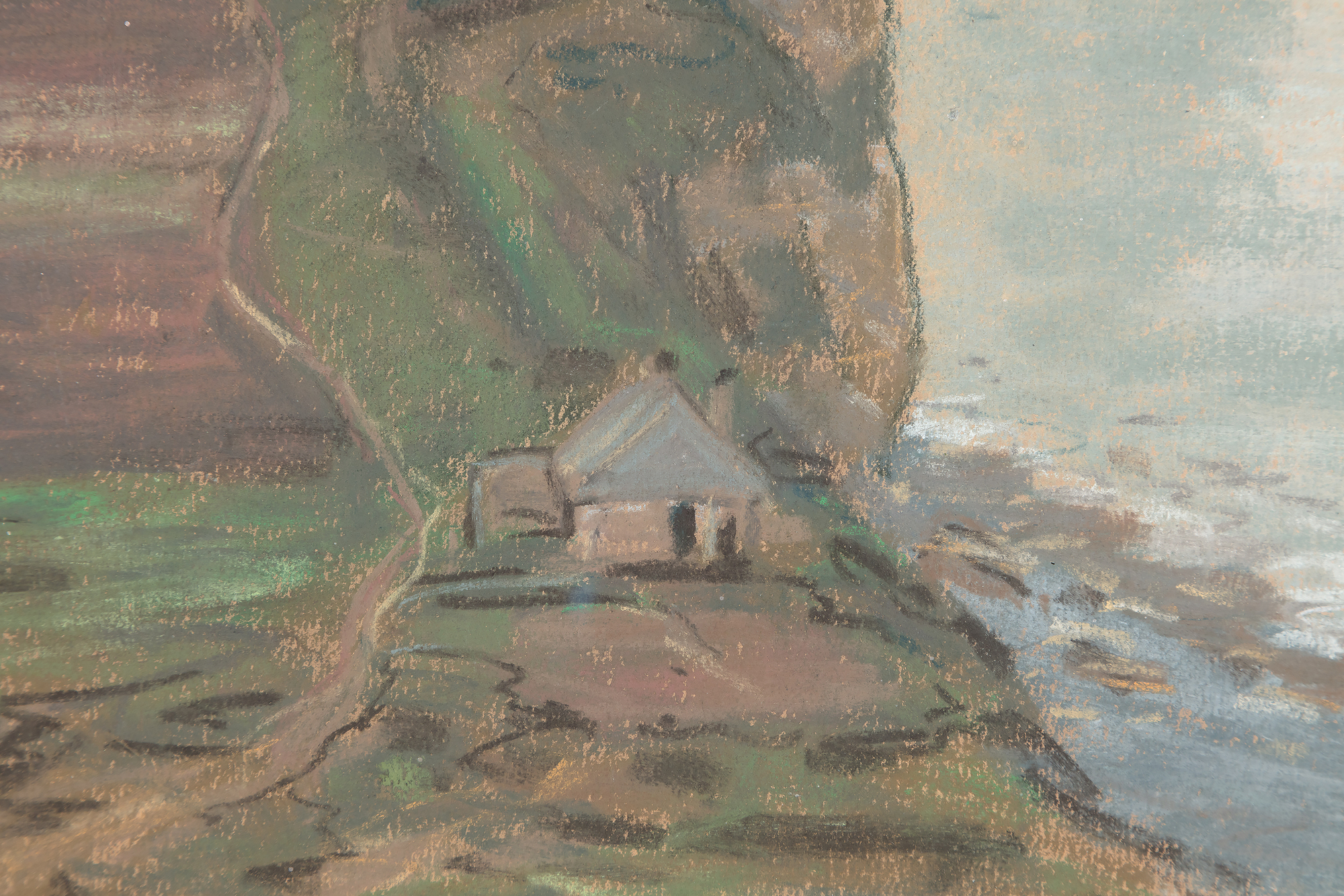 <div><font face=Lato size=3 color="#191919">As the idea of using drawings, whether in pencil or pastel to prepare a painting was at odds with Monet’s publicised creative process, he tended to downplay its importance in his work. However, after his death eight folios containing over four hundred drawings came to light as well as many pastels. This convenient and lightweight medium allowed him to experiment with composition and colour and develop ideas for his oil paintings at speed. He also used pastel to produce finished pictures, as in this example.</font></div><br><br><div><font face=Lato size=3 color="#191919">&nbsp;</font></div><br><br><div><font face=Lato size=3 color="#191919">During the 1880s Monet returned to the Normandy coast. He found inspiration in the sparkling light and famous limestone cliffs, as had Delacroix and Courbet. As well as working directly in oils, he followed Boudin’s example and used black chalk and pastel to study the effects of light and colour on the sky, sea and land.</font></div><br><br><div><font face=Lato size=3 color="#191919">&nbsp;</font></div><br><br><div><font face=Lato size=3 color="#191919">In this seascape at Etretat, twenty miles round the coast to the north of Le Havre, Monet has chosen an unusual composition, dividing the landscape down the centre with the vertiginous cliffs; the left half of the picture composed of earthy greens and browns, the right half a sun dappled sea that dissolves into the sky, the horizon only suggested by the lightest touch of charcoal. This picture has a marked difference in atmosphere to another pastel of the nearby Porte d’Aval, dateable to the same period, whose late afternoon sky shows the range of expression that could be achieved with pastel. By the summer of 1885 the year he made this pastel Monet had largely abandoned urban subjects, and was more drawn towards natural phenomena. He painted many views along the coast under different light conditions. As noted in the catalogue raisonné on Monet, this pastel is not a preparatory study for an oil painting, but a wholly original composition. It demonstrates how well the painter understood and enjoyed the versatility of the medium when trying to capture such variable weather.</font></div>