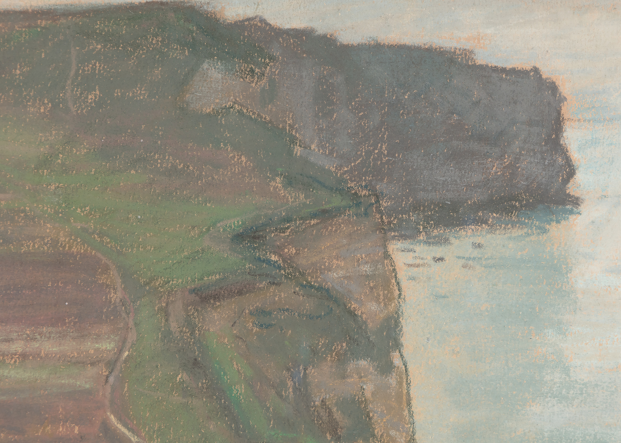 <div><font face=Lato size=3 color="#191919">As the idea of using drawings, whether in pencil or pastel to prepare a painting was at odds with Monet’s publicised creative process, he tended to downplay its importance in his work. However, after his death eight folios containing over four hundred drawings came to light as well as many pastels. This convenient and lightweight medium allowed him to experiment with composition and colour and develop ideas for his oil paintings at speed. He also used pastel to produce finished pictures, as in this example.</font></div><br><br><div><font face=Lato size=3 color="#191919">&nbsp;</font></div><br><br><div><font face=Lato size=3 color="#191919">During the 1880s Monet returned to the Normandy coast. He found inspiration in the sparkling light and famous limestone cliffs, as had Delacroix and Courbet. As well as working directly in oils, he followed Boudin’s example and used black chalk and pastel to study the effects of light and colour on the sky, sea and land.</font></div><br><br><div><font face=Lato size=3 color="#191919">&nbsp;</font></div><br><br><div><font face=Lato size=3 color="#191919">In this seascape at Etretat, twenty miles round the coast to the north of Le Havre, Monet has chosen an unusual composition, dividing the landscape down the centre with the vertiginous cliffs; the left half of the picture composed of earthy greens and browns, the right half a sun dappled sea that dissolves into the sky, the horizon only suggested by the lightest touch of charcoal. This picture has a marked difference in atmosphere to another pastel of the nearby Porte d’Aval, dateable to the same period, whose late afternoon sky shows the range of expression that could be achieved with pastel. By the summer of 1885 the year he made this pastel Monet had largely abandoned urban subjects, and was more drawn towards natural phenomena. He painted many views along the coast under different light conditions. As noted in the catalogue raisonné on Monet, this pastel is not a preparatory study for an oil painting, but a wholly original composition. It demonstrates how well the painter understood and enjoyed the versatility of the medium when trying to capture such variable weather.</font></div>