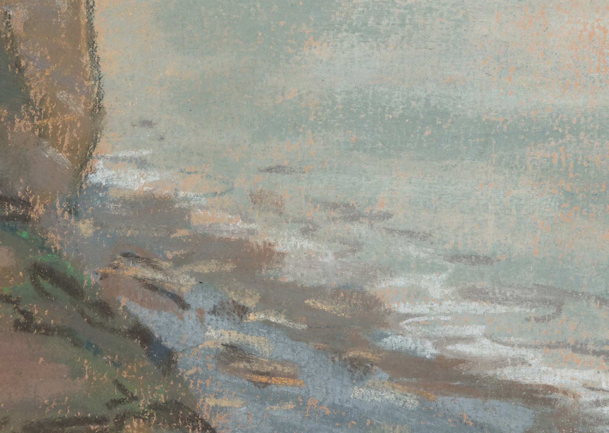 <div><font face=Lato size=3 color="#191919">As the idea of using drawings, whether in pencil or pastel to prepare a painting was at odds with Monet’s publicised creative process, he tended to downplay its importance in his work. However, after his death eight folios containing over four hundred drawings came to light as well as many pastels. This convenient and lightweight medium allowed him to experiment with composition and colour and develop ideas for his oil paintings at speed. He also used pastel to produce finished pictures, as in this example.</font></div><br><br><div><font face=Lato size=3 color="#191919">&nbsp;</font></div><br><br><div><font face=Lato size=3 color="#191919">During the 1880s Monet returned to the Normandy coast. He found inspiration in the sparkling light and famous limestone cliffs, as had Delacroix and Courbet. As well as working directly in oils, he followed Boudin’s example and used black chalk and pastel to study the effects of light and colour on the sky, sea and land.</font></div><br><br><div><font face=Lato size=3 color="#191919">&nbsp;</font></div><br><br><div><font face=Lato size=3 color="#191919">In this seascape at Etretat, twenty miles round the coast to the north of Le Havre, Monet has chosen an unusual composition, dividing the landscape down the centre with the vertiginous cliffs; the left half of the picture composed of earthy greens and browns, the right half a sun dappled sea that dissolves into the sky, the horizon only suggested by the lightest touch of charcoal. This picture has a marked difference in atmosphere to another pastel of the nearby Porte d’Aval, dateable to the same period, whose late afternoon sky shows the range of expression that could be achieved with pastel. By the summer of 1885 the year he made this pastel Monet had largely abandoned urban subjects, and was more drawn towards natural phenomena. He painted many views along the coast under different light conditions. As noted in the catalogue raisonné on Monet, this pastel is not a preparatory study for an oil painting, but a wholly original composition. It demonstrates how well the painter understood and enjoyed the versatility of the medium when trying to capture such variable weather.</font></div>