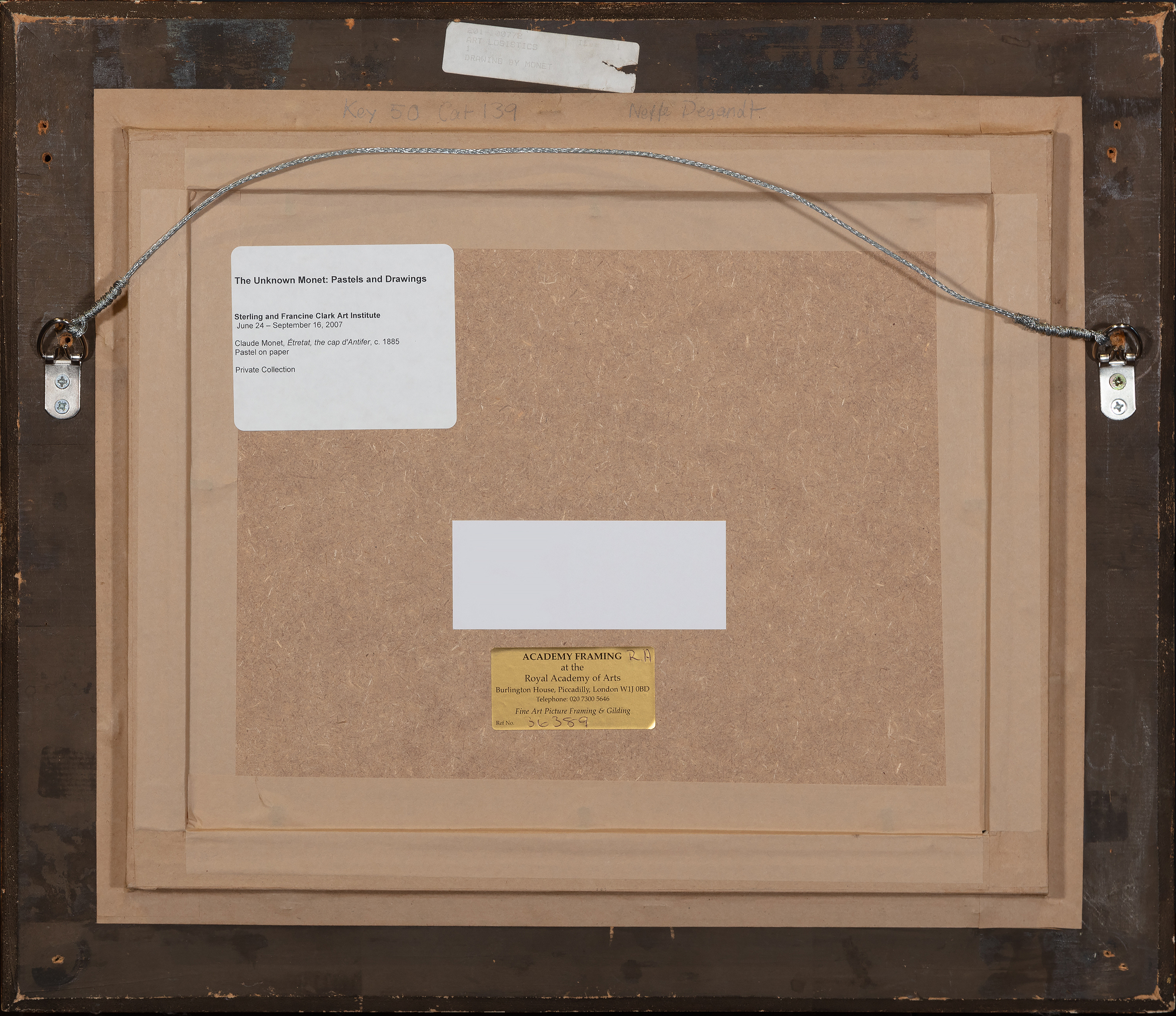 <div><font face=Lato size=3 color="#191919">As the idea of using drawings, whether in pencil or pastel to prepare a painting was at odds with Monet’s publicised creative process, he tended to downplay its importance in his work. However, after his death eight folios containing over four hundred drawings came to light as well as many pastels. This convenient and lightweight medium allowed him to experiment with composition and colour and develop ideas for his oil paintings at speed. He also used pastel to produce finished pictures, as in this example.</font></div><br><br><div><font face=Lato size=3 color="#191919">&nbsp;</font></div><br><br><div><font face=Lato size=3 color="#191919">During the 1880s Monet returned to the Normandy coast. He found inspiration in the sparkling light and famous limestone cliffs, as had Delacroix and Courbet. As well as working directly in oils, he followed Boudin’s example and used black chalk and pastel to study the effects of light and colour on the sky, sea and land.</font></div><br><br><div><font face=Lato size=3 color="#191919">&nbsp;</font></div><br><br><div><font face=Lato size=3 color="#191919">In this seascape at Etretat, twenty miles round the coast to the north of Le Havre, Monet has chosen an unusual composition, dividing the landscape down the centre with the vertiginous cliffs; the left half of the picture composed of earthy greens and browns, the right half a sun dappled sea that dissolves into the sky, the horizon only suggested by the lightest touch of charcoal. This picture has a marked difference in atmosphere to another pastel of the nearby Porte d’Aval, dateable to the same period, whose late afternoon sky shows the range of expression that could be achieved with pastel. By the summer of 1885 the year he made this pastel Monet had largely abandoned urban subjects, and was more drawn towards natural phenomena. He painted many views along the coast under different light conditions. As noted in the catalogue raisonné on Monet, this pastel is not a preparatory study for an oil painting, but a wholly original composition. It demonstrates how well the painter understood and enjoyed the versatility of the medium when trying to capture such variable weather.</font></div>