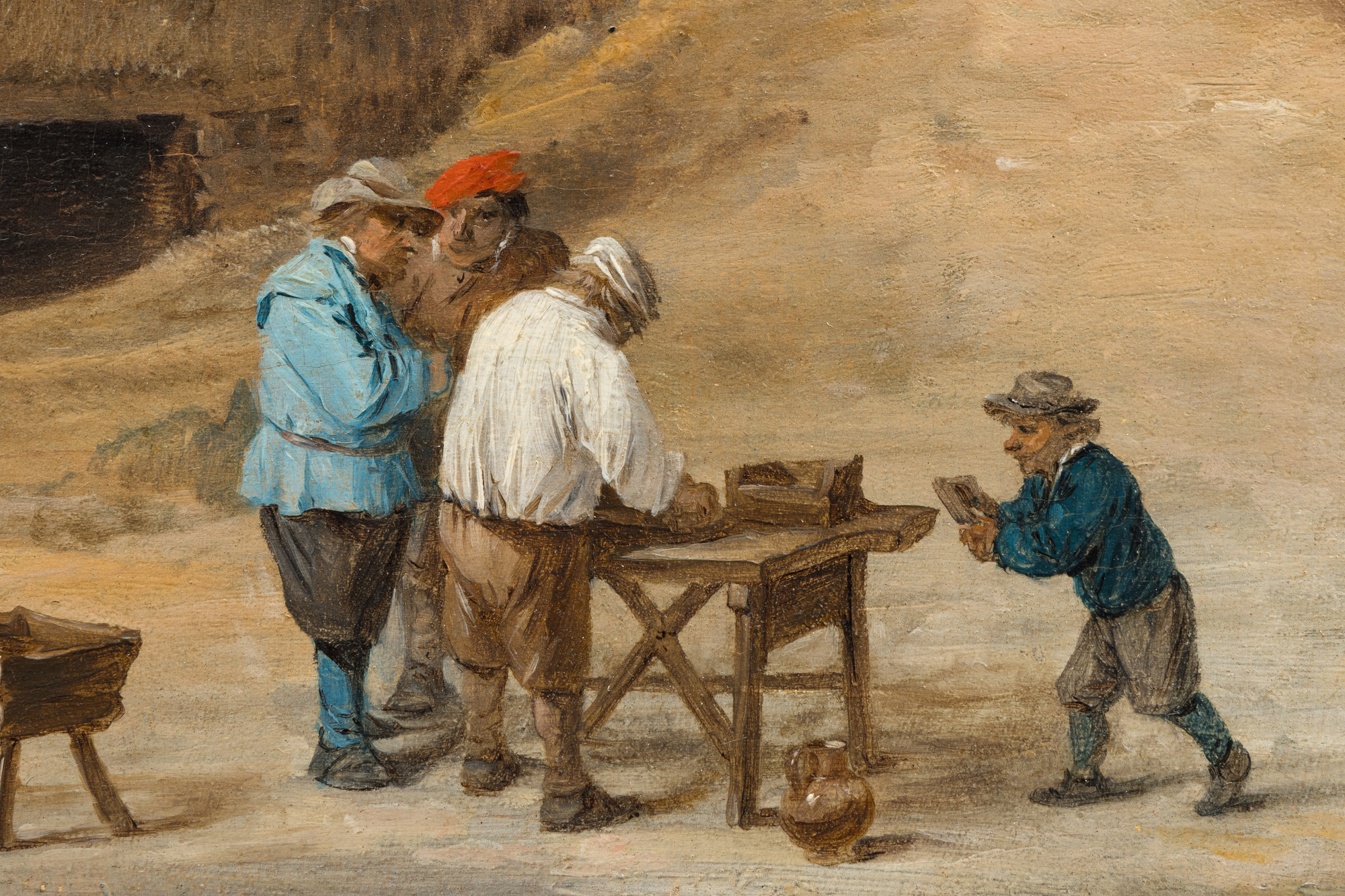 DAVID TENIERS THE YOUNGER - Craftsmen Before a House - oil on panel - 10 3/4 x 15 1/2 in.