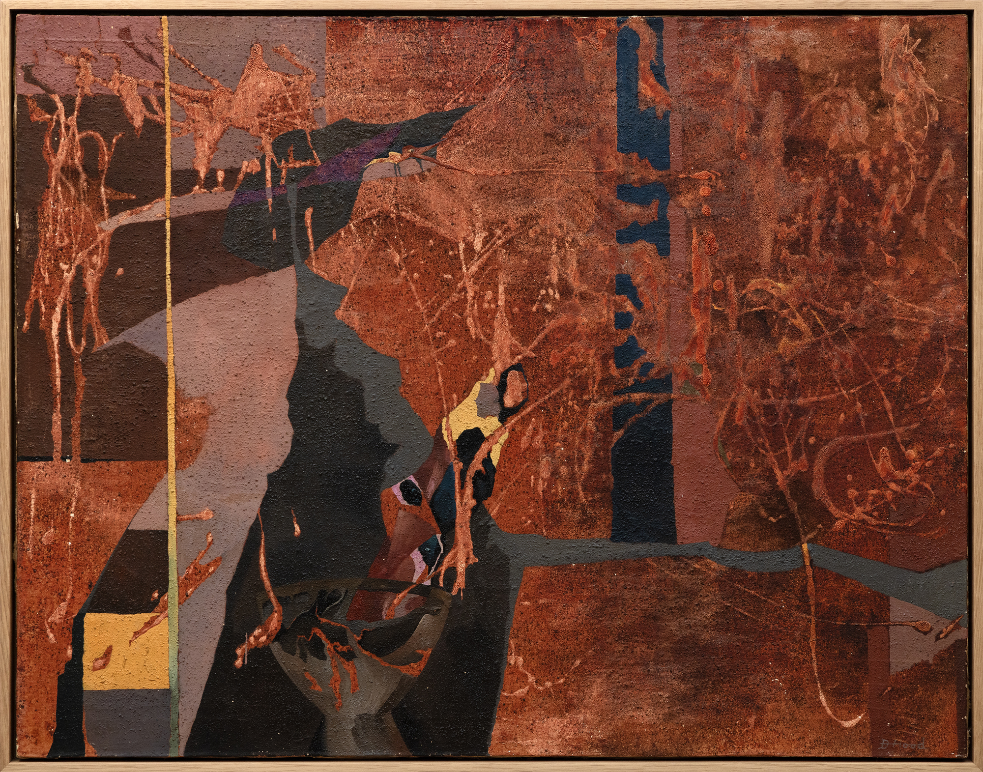 当多萝西·胡德（Dorothy Hood）在1956年画《精灵》时，她探索了新的领域，从她对自然和人体的观察中发展了各种方法和有机形式的词汇。抽象和具象元素具有模糊性和变革性，它们相互作用，在形而上学的汤中交织、交织和融合身份。在《精灵》中，抽象不是编织挂毯的形式停滞，而是在丝带状卷须的能量场中呼吸、伸展和流动。这是一件体现抽象与超现实主义融合的作品。它隐含的景深、透视和比喻参考暗示了一位女性，其拱形的身体为作品注入了情感、心理或神话的深度。这些元素捕捉了女性立场和处境的复杂本质，有效地融合了两种截然不同的艺术运动之间的界限。