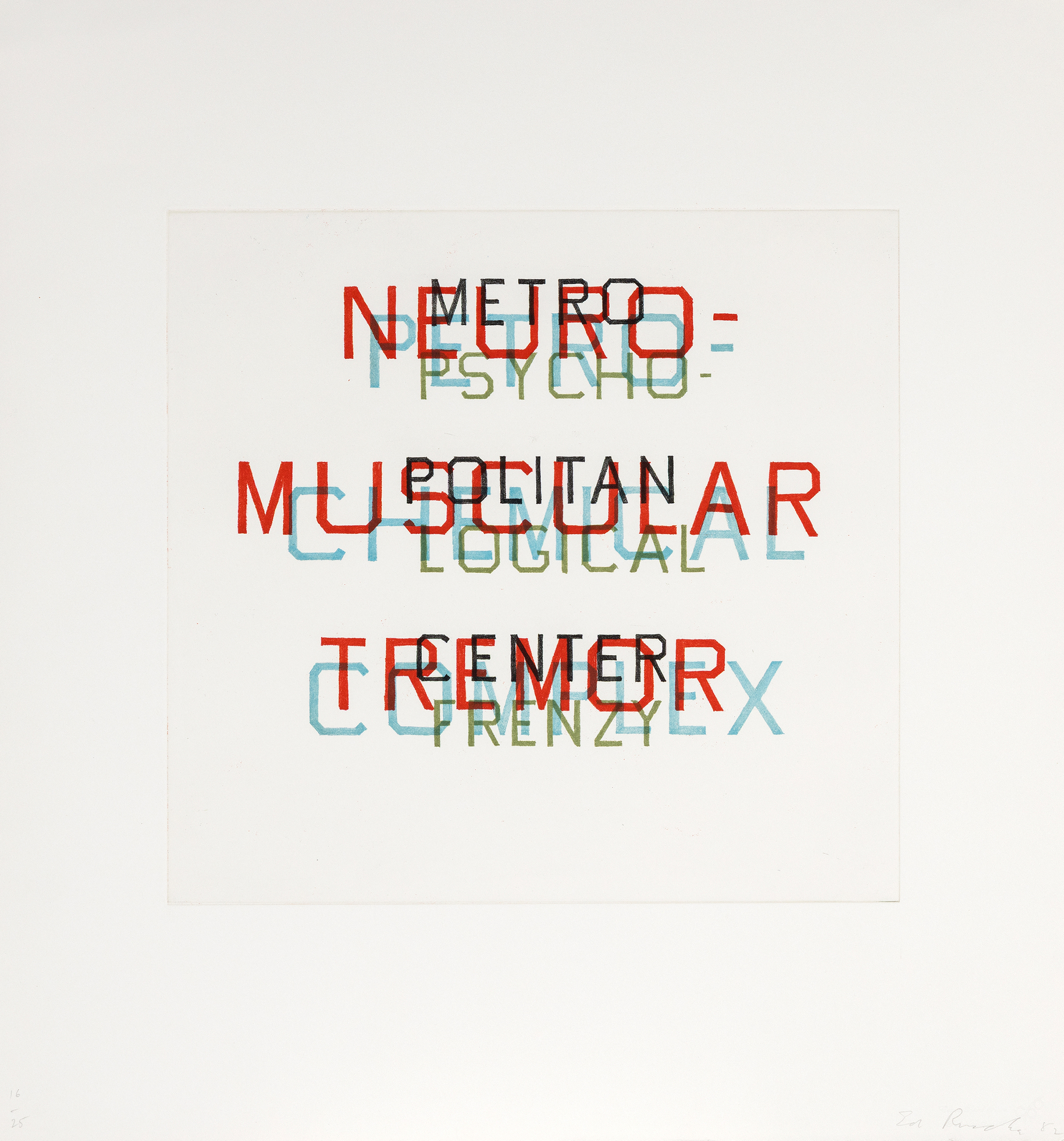 ED RUSCHA - Metro Petro Neuro Psycho <div><font face=Lato size=3 color=black>Ed Ruscha’s <em>Metro, Petro, Neuro, Psycho</em>, from an edition of 25 with 10 artist proofs, exemplifies the artist’s ongoing investigation into the visual and conceptual potential of language. In this work, stacked words unfold like an architectural structure, their rhyming syllables generating a verbal beat that underscores Ruscha’s fascination with the rhythm and absurdity of text. Letters become forms, spacing becomes structure, and typography itself takes on the weight of image.</font></div>
<br>
<br><div><font face=Lato size=3> </font></div>
<br>
<br><div><font face=Lato size=3 color=black>Bridging Ruscha’s iconic word paintings of the 1960s with his more layered experiments of the 1980s and beyond, the print embodies his approach to isolating fragments of language—billboard slogans, overheard words, or invented phrases—so they can be reconsidered as both visual and semantic phenomena. Ruscha himself has described such arrangements as “visual noise,” simultaneously playful and disorienting. Institutional recognition of the work’s importance is affirmed by examples in the Museum of Modern Art, New York, and the National Gallery of Art, Washington.</font></div>