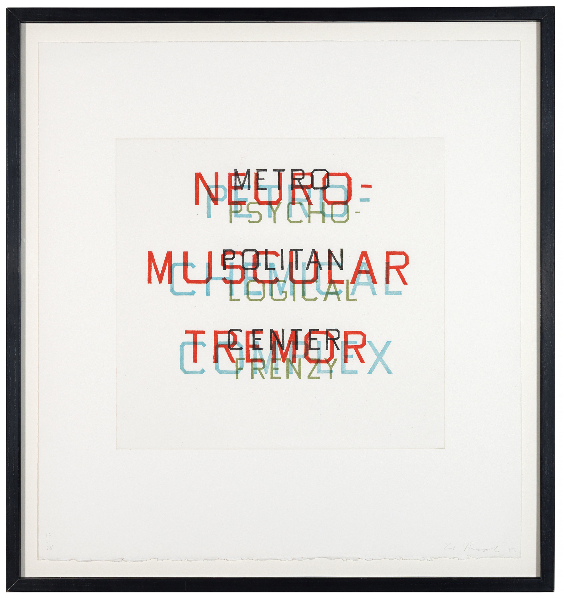 ED RUSCHA - Metro Petro Neuro Psycho <div><font face=Lato size=3 color=black>Ed Ruscha’s <em>Metro, Petro, Neuro, Psycho</em>, from an edition of 25 with 10 artist proofs, exemplifies the artist’s ongoing investigation into the visual and conceptual potential of language. In this work, stacked words unfold like an architectural structure, their rhyming syllables generating a verbal beat that underscores Ruscha’s fascination with the rhythm and absurdity of text. Letters become forms, spacing becomes structure, and typography itself takes on the weight of image.</font></div>
<br>
<br><div><font face=Lato size=3> </font></div>
<br>
<br><div><font face=Lato size=3 color=black>Bridging Ruscha’s iconic word paintings of the 1960s with his more layered experiments of the 1980s and beyond, the print embodies his approach to isolating fragments of language—billboard slogans, overheard words, or invented phrases—so they can be reconsidered as both visual and semantic phenomena. Ruscha himself has described such arrangements as “visual noise,” simultaneously playful and disorienting. Institutional recognition of the work’s importance is affirmed by examples in the Museum of Modern Art, New York, and the National Gallery of Art, Washington.</font></div>