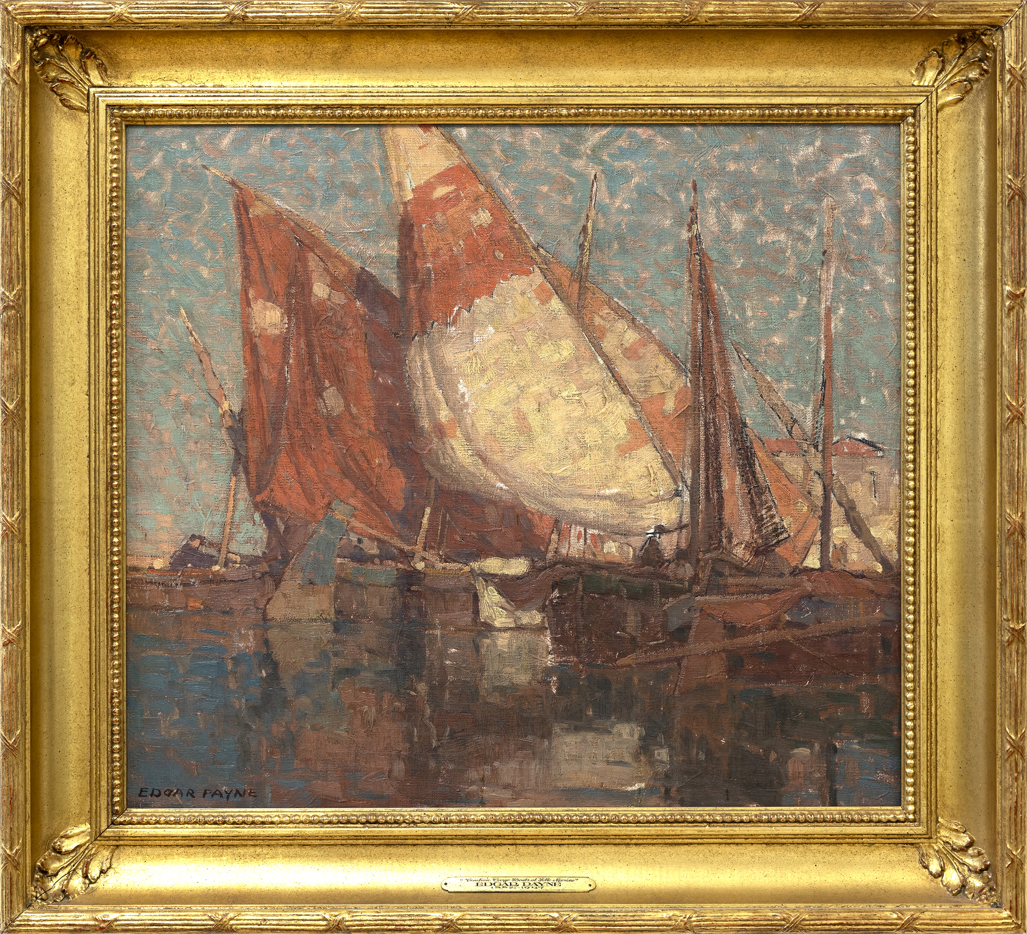 إدغار ألوين باين - قوارب البندقية في سوتو مارينو - زيت على لوحة - 23 3/8 × 26 1/4 بوصة.