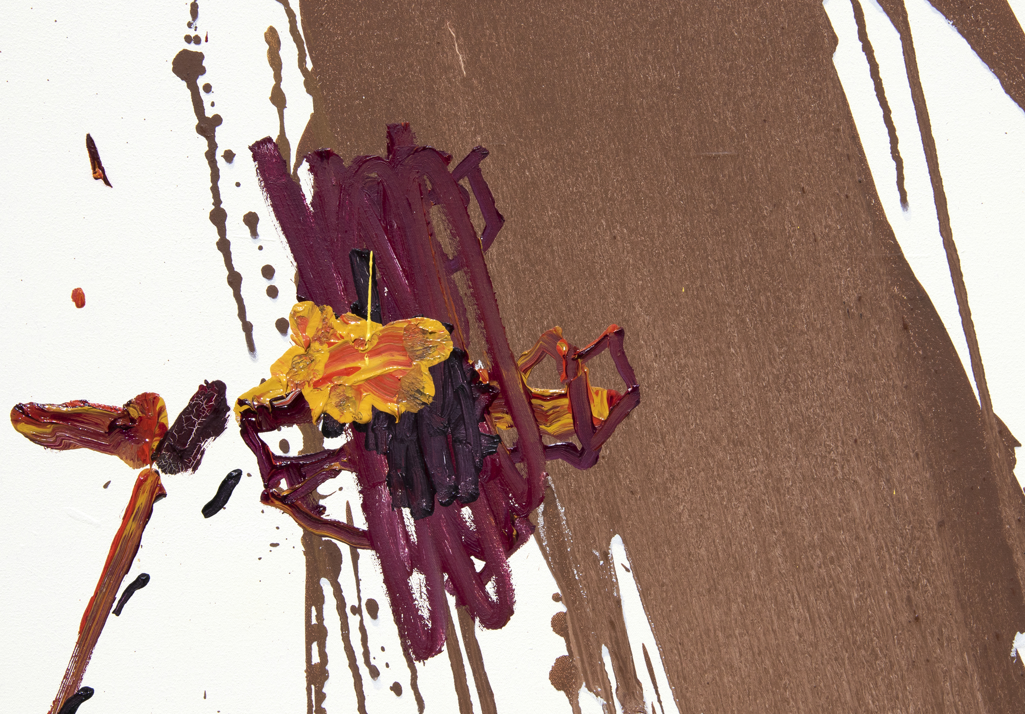 FIONA RAE - 无题（黄、红+棕） - 布面油画 - 72 x 78 英寸。