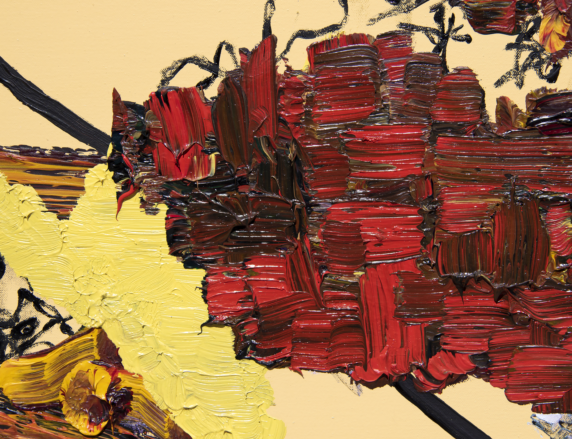FIONA RAE - Untitled (yellow, red + brown) - oil on canvas - 72 x 78 in.