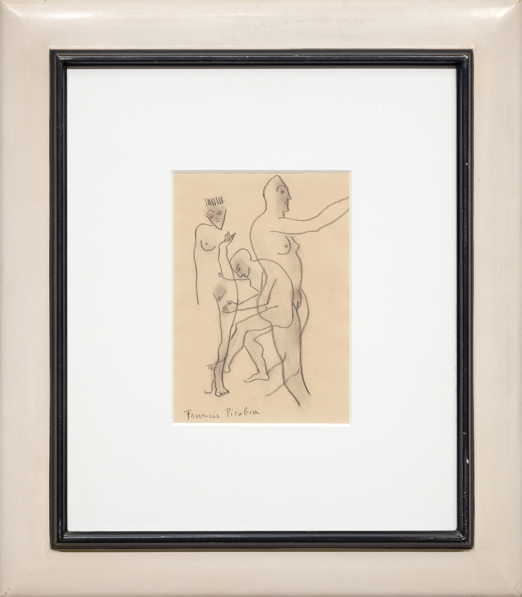 FRANCIS PICABIA - Trois personnages nus - バフ紙に黒のコンテ・クレヨン - 11 1/2 x 8 in.