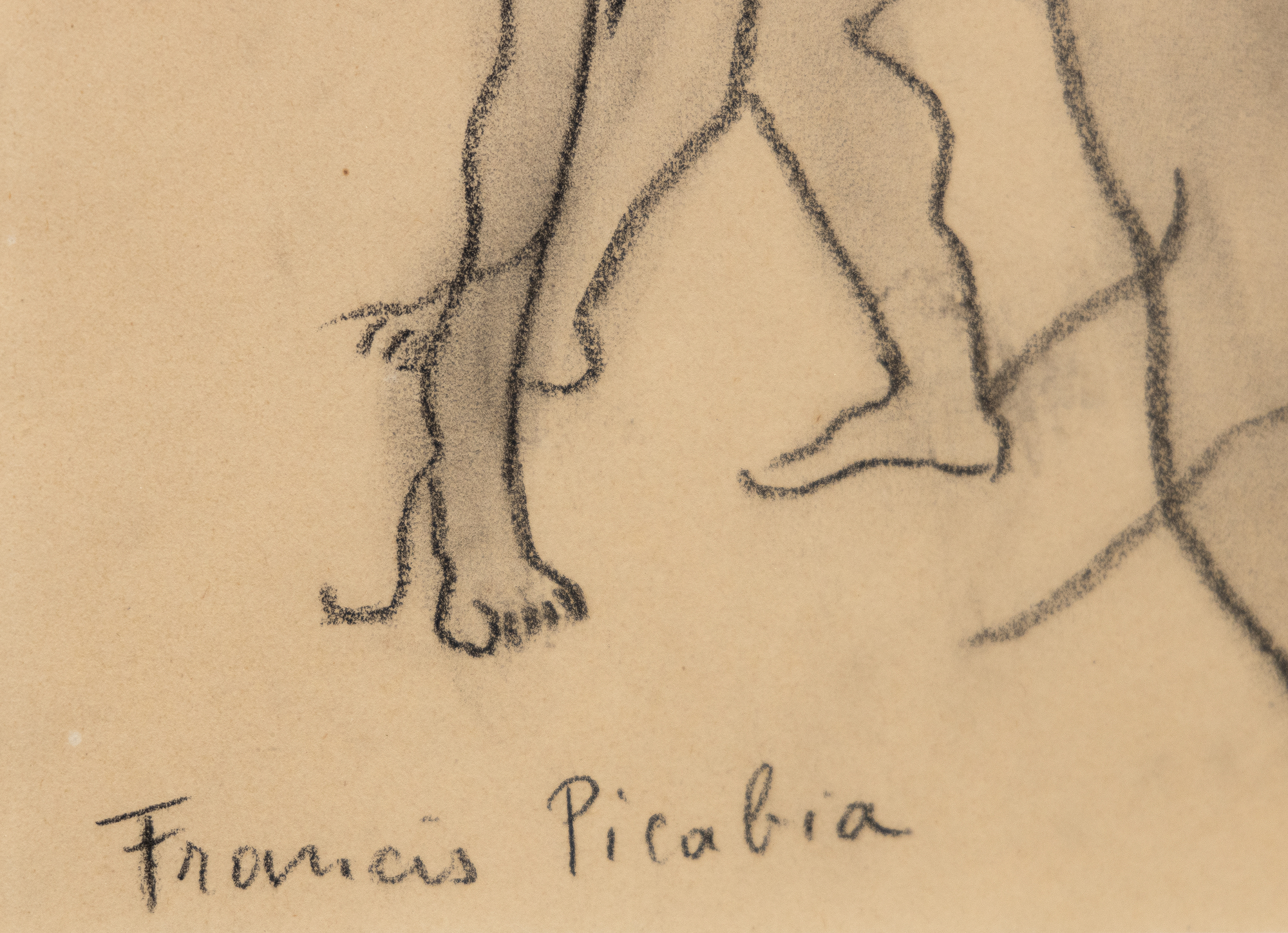 FRANCIS PICABIA - Trois personnages nus - バフ紙に黒のコンテ・クレヨン - 11 1/2 x 8 in.