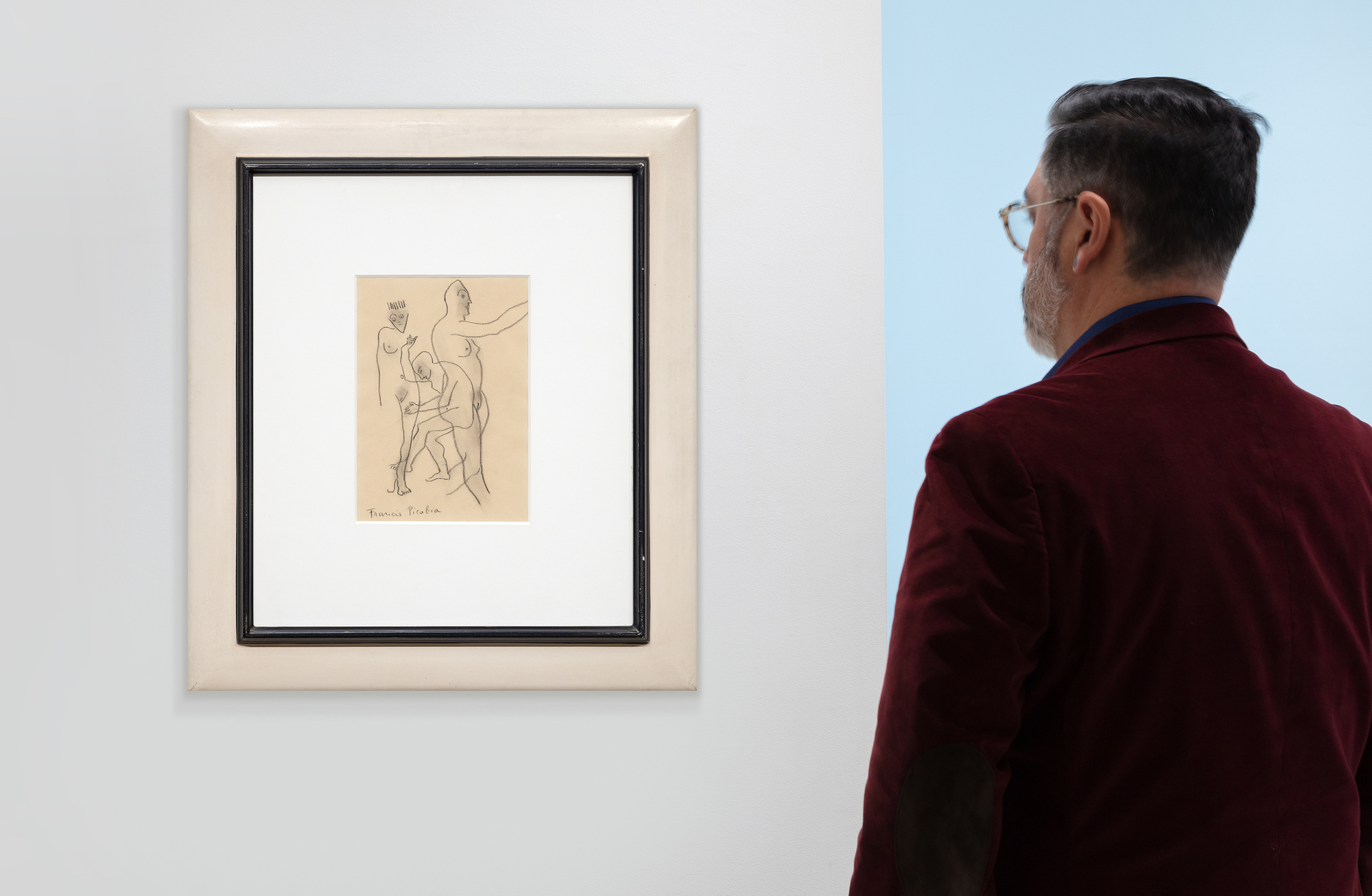 FRANCIS PICABIA - Trois personnages nus - crayon de couleur noir sur papier chamois - 11 1/2 x 8 in.
