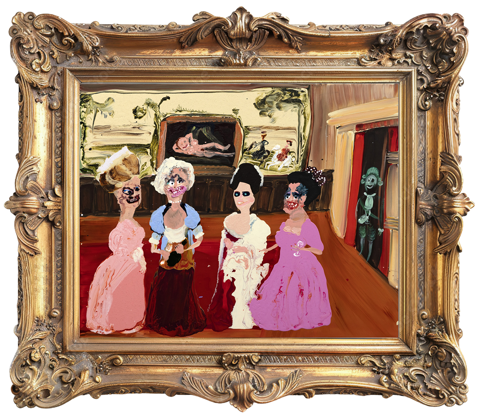 Genieve Figgis is a notable figure in the contemporary Irish art scene, recognized for her clever and critical group portraits that often poke fun at long-ago social conventions. A relative latecomer to painting, she caught the attention of American appropriation artist Richard Prince on Twitter, who went on to purchase one of her works and introduced her to the influential circles of the New York art community. Figgis' work playfully critiques affluent middle-class consumption habits and luxurious lifestyles, as immortalized by artists of the past, and brings such subjects firmly into the present day with a mixture of satire and raw, authentic portrayals of life. Think of Figgis as reaching across the sands of time to Daumier or Hogarth, whose work frequently offered a satirical look at contemporary society, joining artists engaged in social satire and known for their keen observational skills.