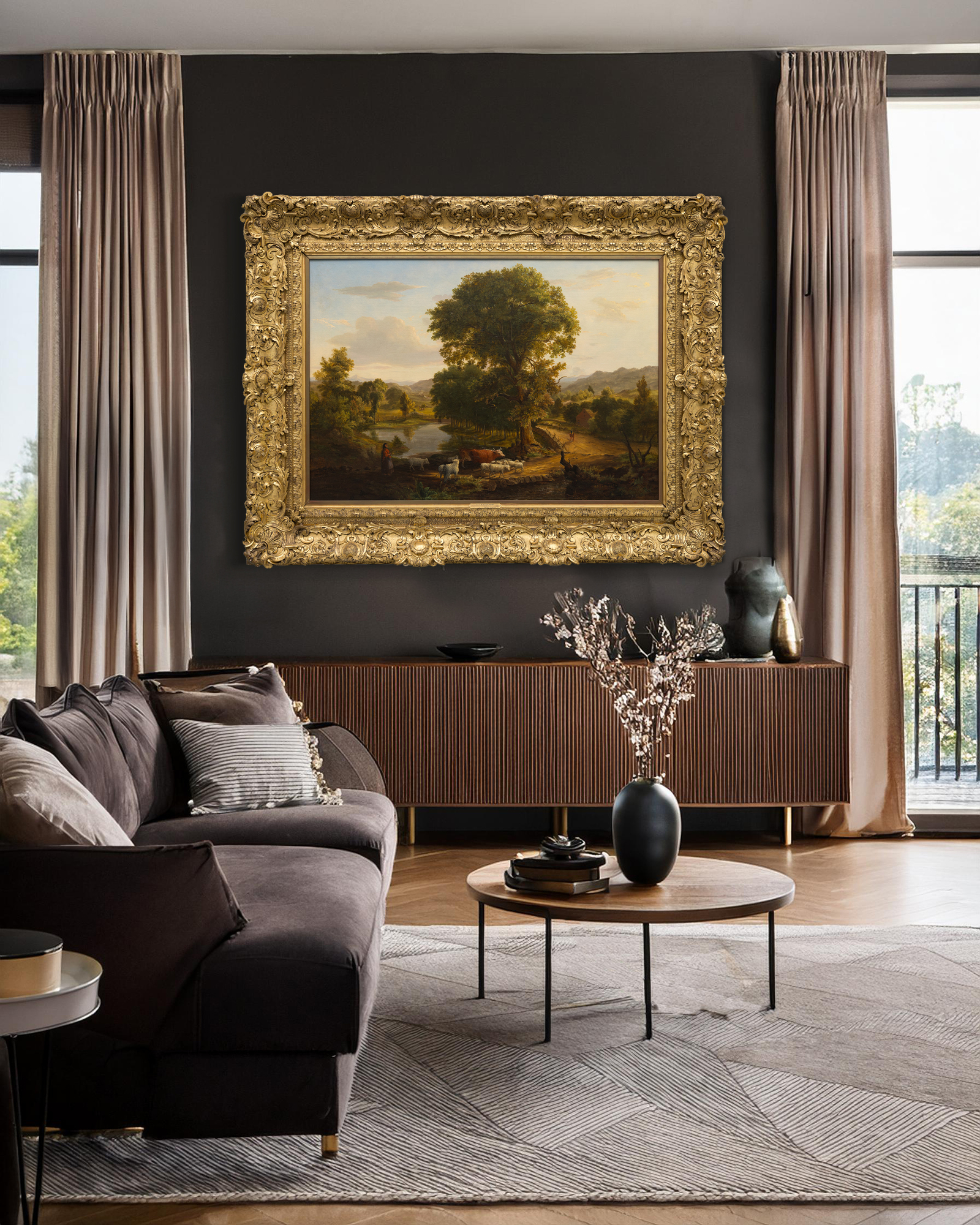 <div><font face=Lato size=3 color=black><em>Afternoon</em> is a rare early painting by George Inness, created when the artist was only twenty one and actively shaping the foundations of his career. Although largely self-taught, Inness was immersed in a transformative period during the mid-eighteen forties, studying at the National Academy of Design in New York where he closely observed the work of Hudson River School painters such as Thomas Cole and Asher Durand. This moment marked his first public exhibitions at the Academy in 1844, followed by the opening of his own studio in 1848, placing <em>Afternoon</em> squarely within the formative years in which his artistic voice began to emerge.</font></div><br><br><div>&nbsp;</div><br><br><div><font face=Lato size=3 color=black>The painting also reflects the subtle influence of French landscaper Regis Francois Gignoux, under whom the young Inness studied before making his first trip to Europe in 1851. This early training helped shape the atmospheric sensitivity and poetic naturalism that would later define his mature style.</font></div><br><br><div>&nbsp;</div><br><br><div><font face=Lato size=3 color=black><em>Afternoon</em> carries distinguished provenance, having passed through the collections of several important nineteenth and early twentieth century New Yorkers, including politician Cornelius Gardiner, financier and philanthropist Emerson McMillian, and later the philanthropist Agnes Ladson Dana. This lineage, combined with the paintings exceptional early date, makes it an especially significant example from the beginning of Innesss enduring contribution to American landscape painting.</font></div>