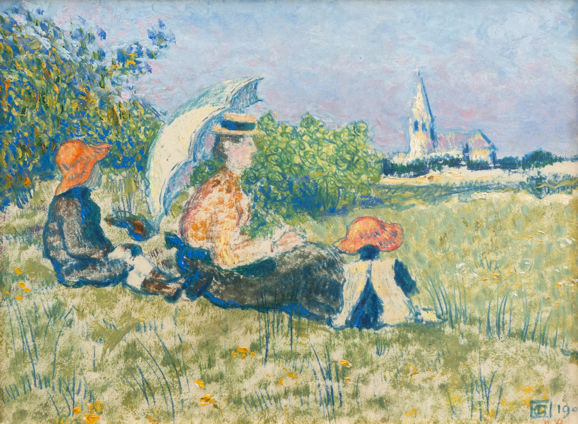GEORGES LEMMEN - Madame Lemmen et ses enfants dans un jardin, 1900 - oil on paper and pastel laid down on board - 9 x 12 in.