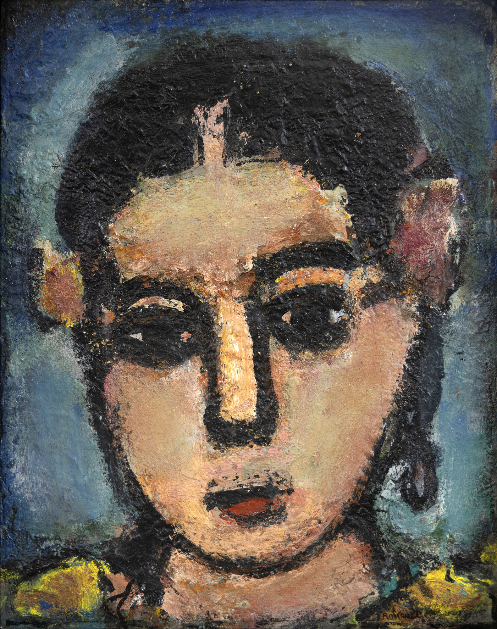 GEORGES ROUAULT - Carlotta Informed by his devout Catholic faith, Rouault's artistic evolution was unique amongst modernists. Captivated by the vibrant colors and how light passes through medieval stained-glass windows, he applied thick, rich layers of paint and amplified raw and bold forms awash with deep blues within heavy black lines. Rouault often supported strong recurring religious themes dedicated to the power of redemption. Carlotta serves neither that higher calling nor the marginalized suffering of subjects that included clowns, prostitutes, and crucifixions. Instead, Carlotta is an opportunity to admire Rouault's more subtle color variations and the dynamic interplay between the rough, tactile quality of the impasto and the softer, more diffused effect of the scumbled passages of a model unencumbered by themes of human pain and despair.