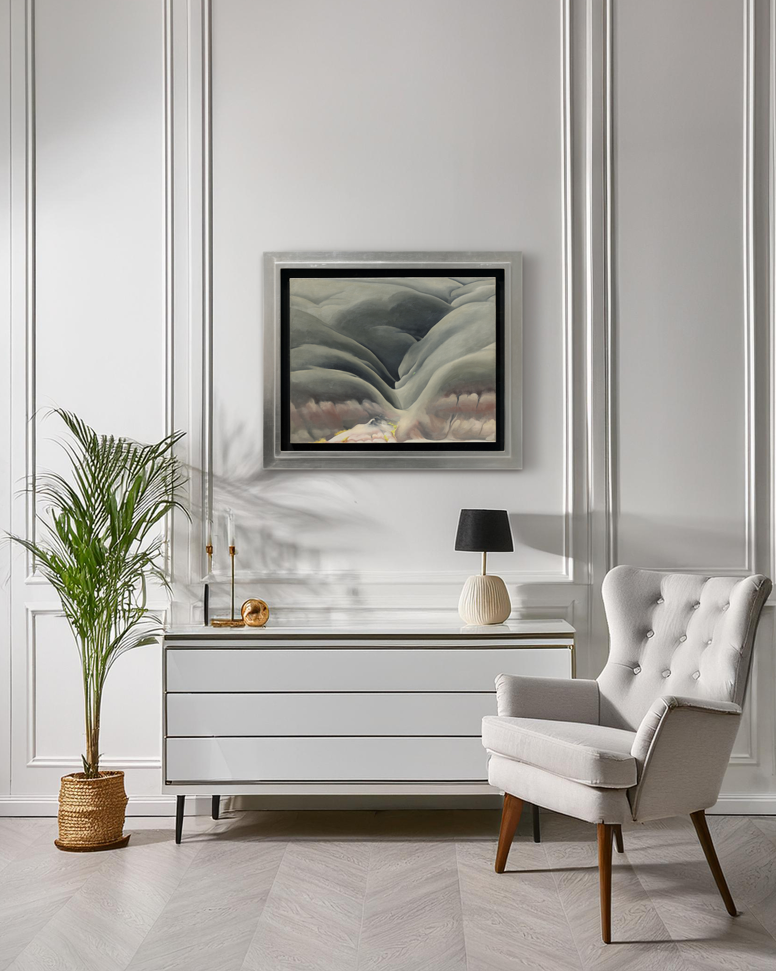 <div>Georgia O’Keeffe’s <em>Black Place II</em> (1945) belongs to one of the most profound and austere series of her career, inspired by repeated journeys to the Bisti Badlands, a remote, otherworldly area of northwestern New Mexico that she called the Black Place. Deeply compelled by this landscape, O’Keeffe often camped there so she could study its shifting forms and tonal subtleties at different hours of the day. In this work, she reduces the scene to its essentials: two massive hills pressing together, no visible horizon, and a composition defined by gravity, stillness, and quiet monumentality. The sweeping, interlocking forms create a sense of scale that feels both intimate and immense, evoking a landscape experienced as presence rather than panorama. </div><br><br><div>&nbsp;</div><br><br><div>Works from the Black Place series are exceptionally rare. Of the fourteen canvases O’Keeffe painted, only four remain in private hands; the remainder are held by major institutions including The Metropolitan Museum of Art, SFMOMA, and the Art Institute of Chicago. As a result, opportunities to encounter a work from this group outside of museum collections are exceedingly uncommon. </div><br><br><div>&nbsp;</div><br><br><div><em>Black Place II </em>has an illustrious lineage, from its earliest days in the holdings of Alfred Stieglitz’s famous New York gallery, An American Place, to the noted Philadelphia philanthropist and collector Daniel Dietrich, to the collection of Jan T. and Marica Vilcek. The painting’s legacy is further underscored by its unusually long institutional life. It was shown as early as 1946 at Stieglitz’s An American Place, and has continued to appear in major institutional retrospectives, including exhibitions at the Centre Pompidou and, most recently, the Museum of Fine Arts, Boston. This sustained public and scholarly attention has firmly established the importance of the Black Place paintings within O’Keeffe’s oeuvre. </div>