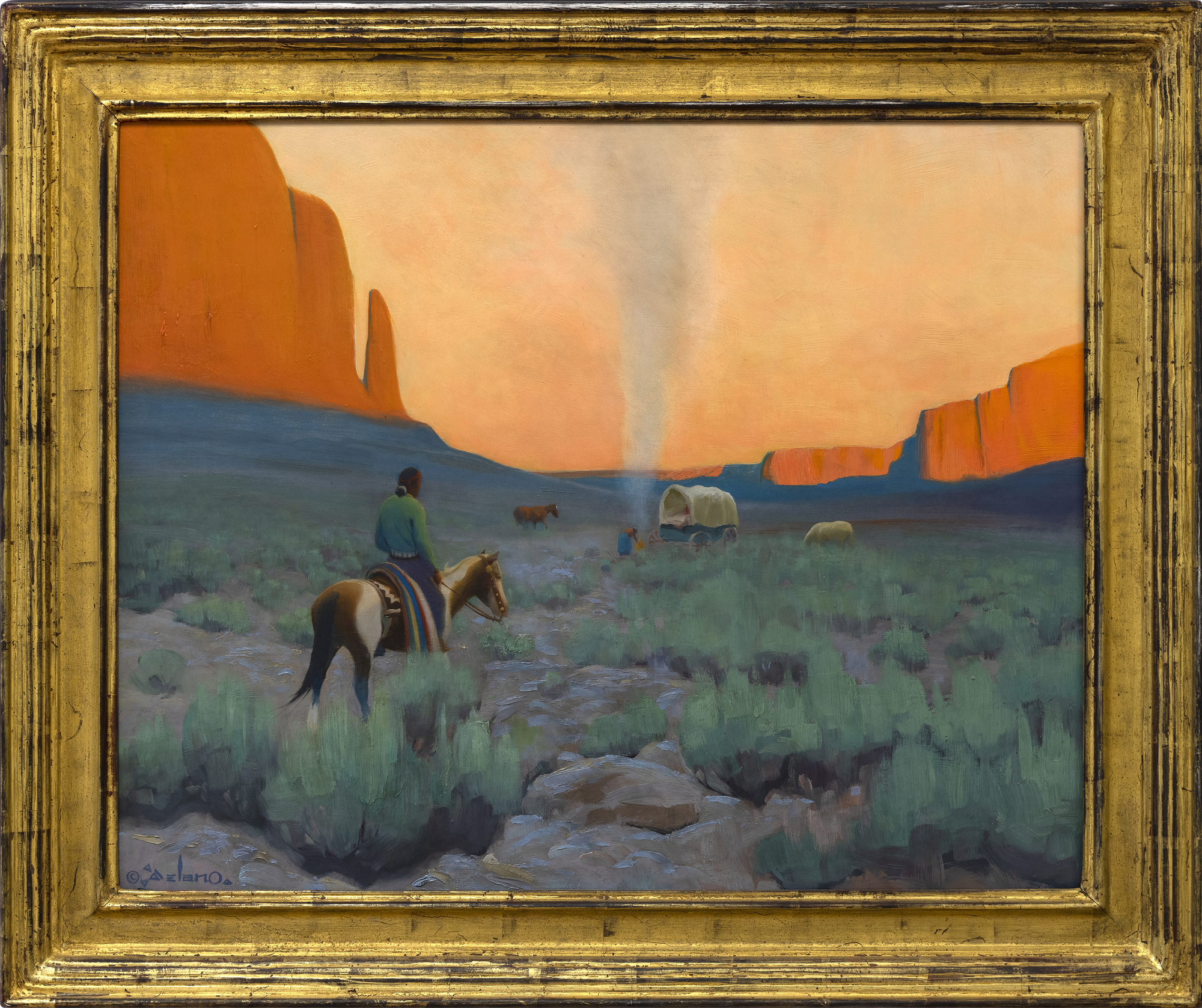 ידוע בסגנון הציור הייחודי שהוא כינה &quot;ריאליזם מעוצב&quot;, הכשרתו של ג&#039;רלד קרטיס דלאנו תחת N. C. Wyeth אפשרה לו להשתמש במגוון גישות המחשה להבעה, תמיד עם עיצוב מוקפד וללא דופי. ציורים כמו Navajo Camp, המוכרים בזכות הצבעים הרכים והמאופסים שלהם, הקומפוזיציות המסודרות והחינניות שלהם, ופשטות הצורה, ומעדנים כל נושא לטבעו המהותי, מציגים לראווה את עינו החדה של דלאנו, הבנתו ויכולתו ללכוד את הצבע והאצילות של אורח החיים של הנאוואחו. כמו ברוב עבודותיו, השמיים תופסים חלק ניכר מהבד עם דמויות המעניקות קנה מידה לסצנה. אלמנטים אלה פועלים יחד כדי ליצור תחושה של מרחבים ושלווה.