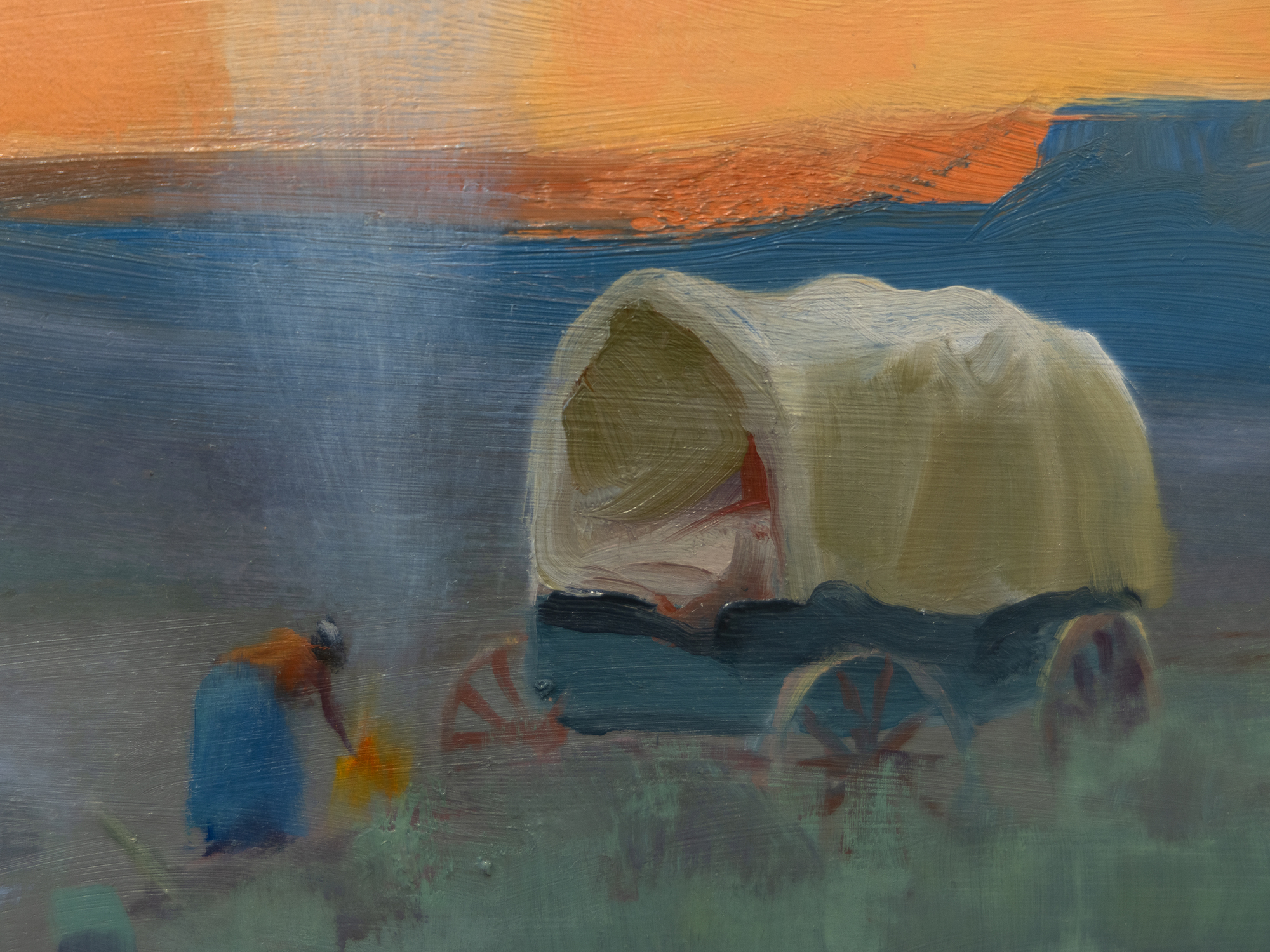 Gerald Curtis Delano ist bekannt für seinen unverwechselbaren Malstil, den er &quot;designten Realismus&quot; nannte. Seine Ausbildung bei N. C. Wyeth ermöglichte es ihm, eine Reihe von illustrativen bis expressiven Ansätzen zu verwenden, immer mit sorgfältiger und tadelloser Gestaltung. Die Gemälde wie das Navajo Camp sind bekannt für ihre sanften, modulierten Farben, die klaren und anmutigen Kompositionen und die Einfachheit der Formen, die jedes Thema auf seine wesentliche Natur reduzieren. Sie zeigen Delanos scharfes Auge, sein Verständnis und seine Fähigkeit, die Farben und die Noblesse des Lebensstils der Navajos einzufangen. Wie in den meisten seiner Werke nimmt der Himmel einen großen Teil der Leinwand ein, und die Figuren verleihen der Szene einen gewissen Maßstab. Diese Elemente wirken zusammen, um ein Gefühl von Weite und Gelassenheit zu vermitteln.