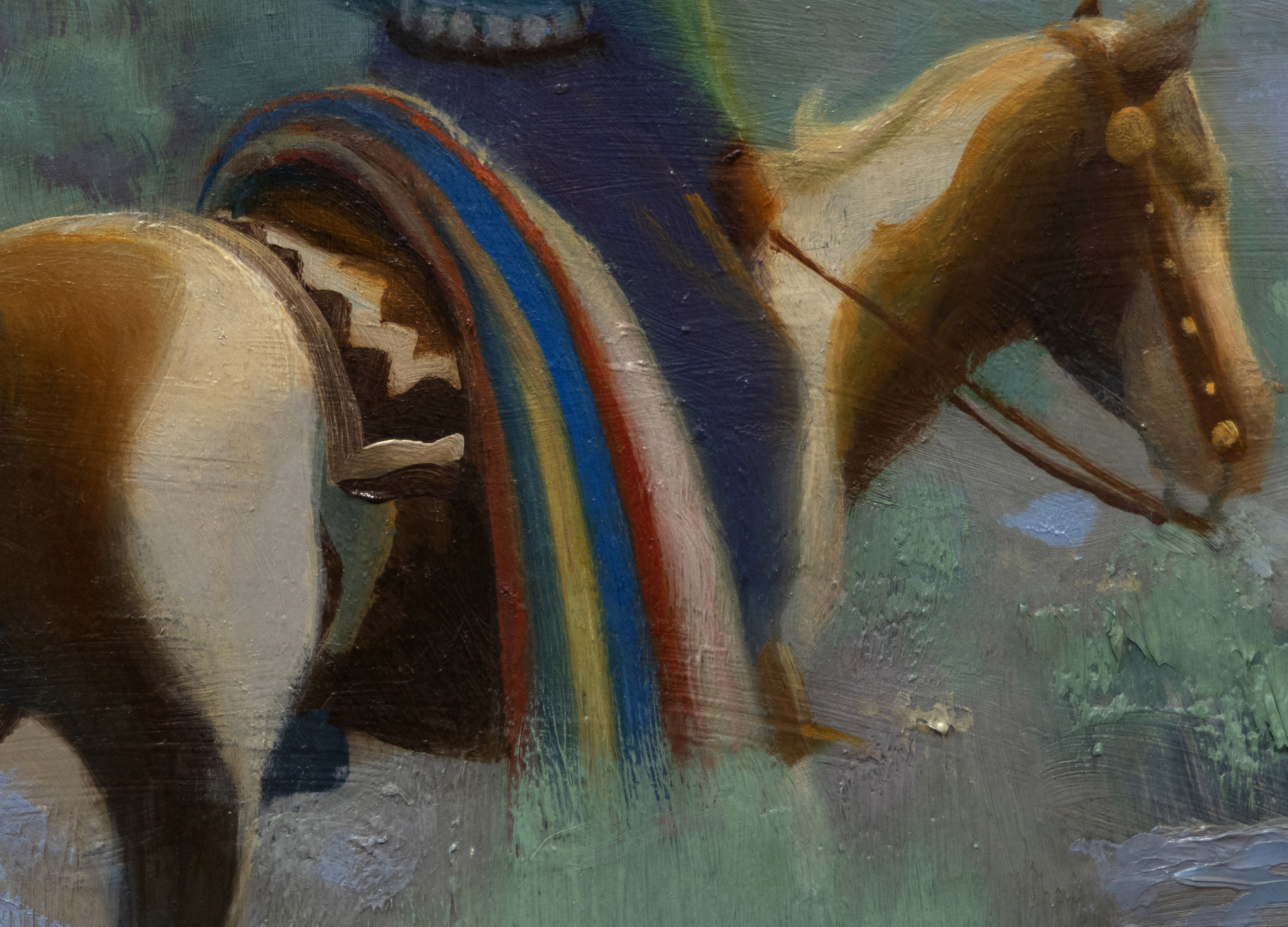 ジェラルド・カーティス・デラノは、N.C.ワイエスに師事し、「デザインされたリアリズム」と呼ばれる独特の画風で知られる。ナバホ・キャンプ」のような絵画は、デラノの鋭い目と理解力、そしてナバホ族の生活様式の色彩と気高さを捉える能力を示すものである。彼のほとんどの作品に見られるように、空はキャンバスの大部分を占め、人物は情景にスケールを与えている。これらの要素が一体となって、広大さと静寂の感覚を生み出している。