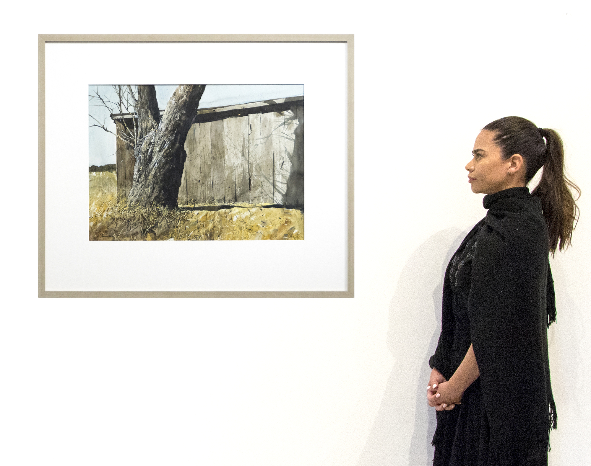 GREGORY SUMIDA - Tree Trunk and Barn GREGORY SUMIDA - Tree Trunk and Barn - watercolor on pressed board - 24 x 30 in.