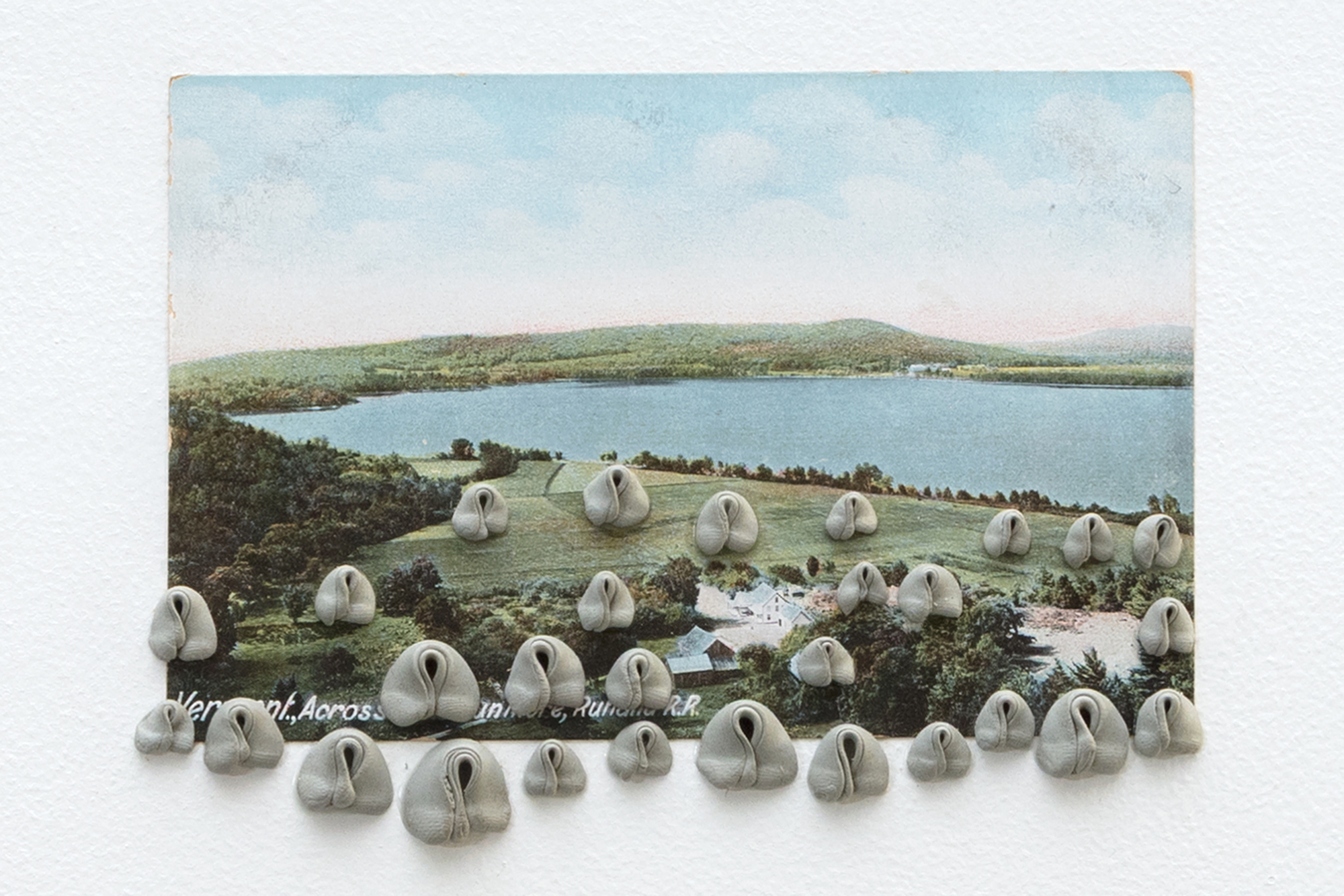 HANNAH WILKE - Vermont - kneaded erasers and postcard mounted on painted panel in plexiglass box - 15 1/2 x 17 1/2 in.