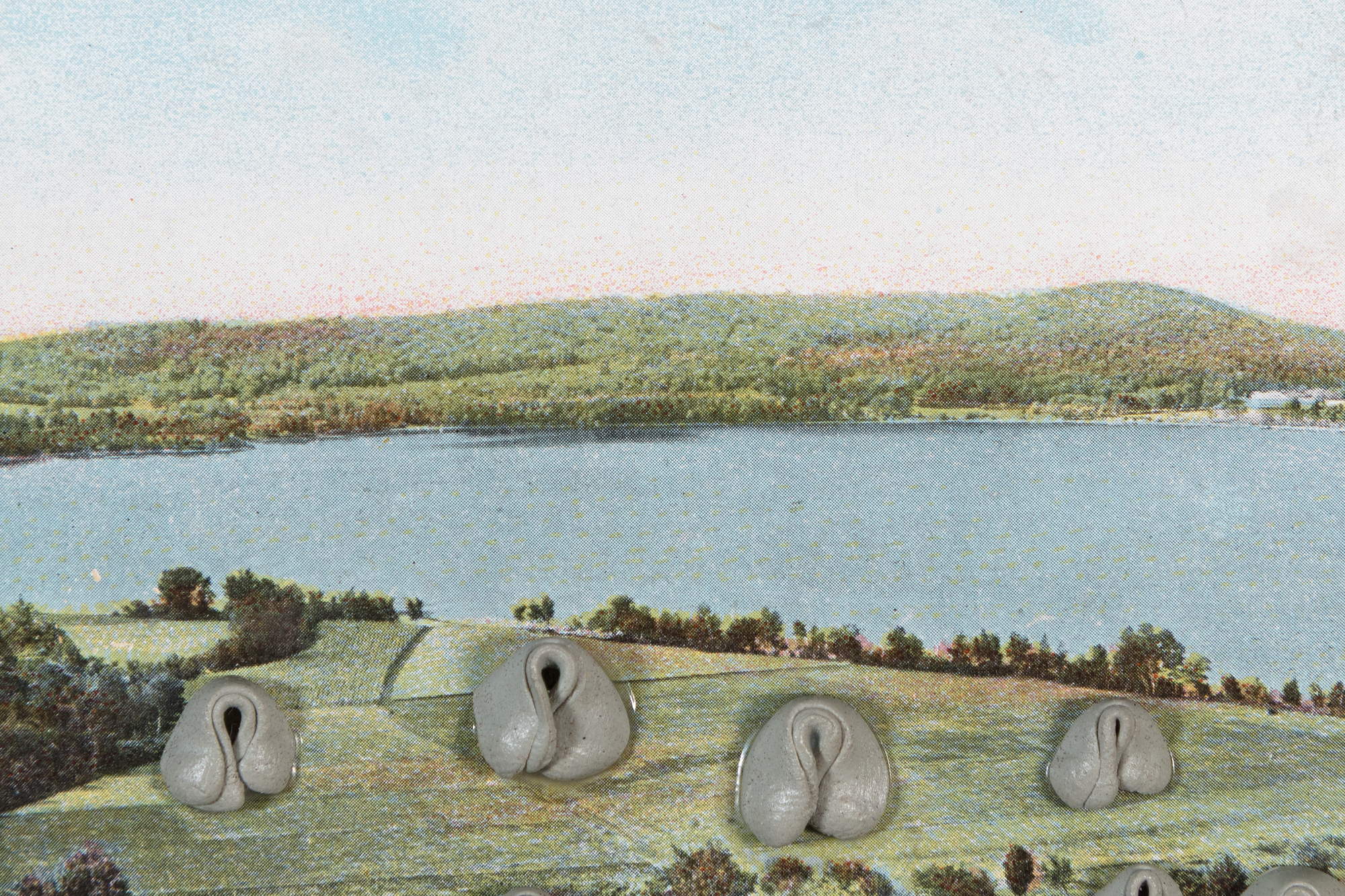 HANNAH WILKE - Vermont - kneaded erasers and postcard mounted on painted panel in plexiglass box - 15 1/2 x 17 1/2 in.