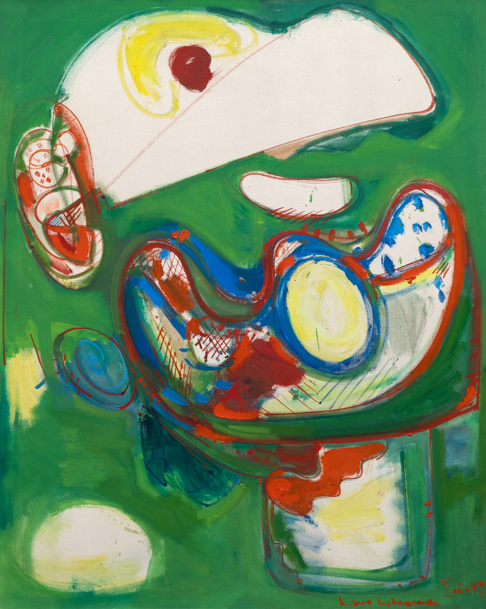 HANS HOFMANN - Baal <div><font face=Lato size=3 color=black>Hans Hofmann's <em>Baal</em> channels the charged energy of its evocative title, rooted in ancient Semitic tradition. The name refers to a lord or master but also carries associations with primal forces of nature, chaos, and creation. Hofmann's work reflects this duality, blending structured design with the untamed vitality of gestural abstraction to create a composition oscillating between entropy and order.</font></div>
<br>
<br><div> </div>
<br>
<br><div><font face=Lato size=3 color=black>Painted at age 65, <em>Baal</em> also showcases Hofmann's willingness to revisit earlier disciplines while addressing the challenges of mid-century abstraction. Its vibrant palette and bold use of complementary colors, particularly the juxtaposition of red and green, heightens the painting's dynamism. His muscular brushwork also reflects his lifelong experimentation with the tension between form and freedom; undulating lines and biomorphic forms evoke the surrealist influence of Miró and the spiritual resonance of Kandinsky's gestural abstractions. Like these predecessors, Hofmann sought to translate "inner necessity" into visual expression, guided by his fertile imagination. Yet the planal elements and curvilinear shapes of <em>Baal</em> also reflect the influence of improvisational painting, a hallmark of Abstract Expressionism as practiced by contemporaries like Arshile Gorky, among others. It is a composition that teems with movement and energy, suggesting a cosmos in flux—chaotic yet deliberate.</font></div>
<br>
<br><div> </div>
<br>
<br><div><font face=Lato size=3 color=black>Exhibited the same year at Betty Parsons Gallery in New York, <em>Baal</em> signals Hofmann's evolution as a master and innovator. With its vivid dynamism and symbolic title, the painting epitomizes Hofmann's ability to infuse abstraction with elemental power, crafting a deeply personal exploration of form and color.</font></div>