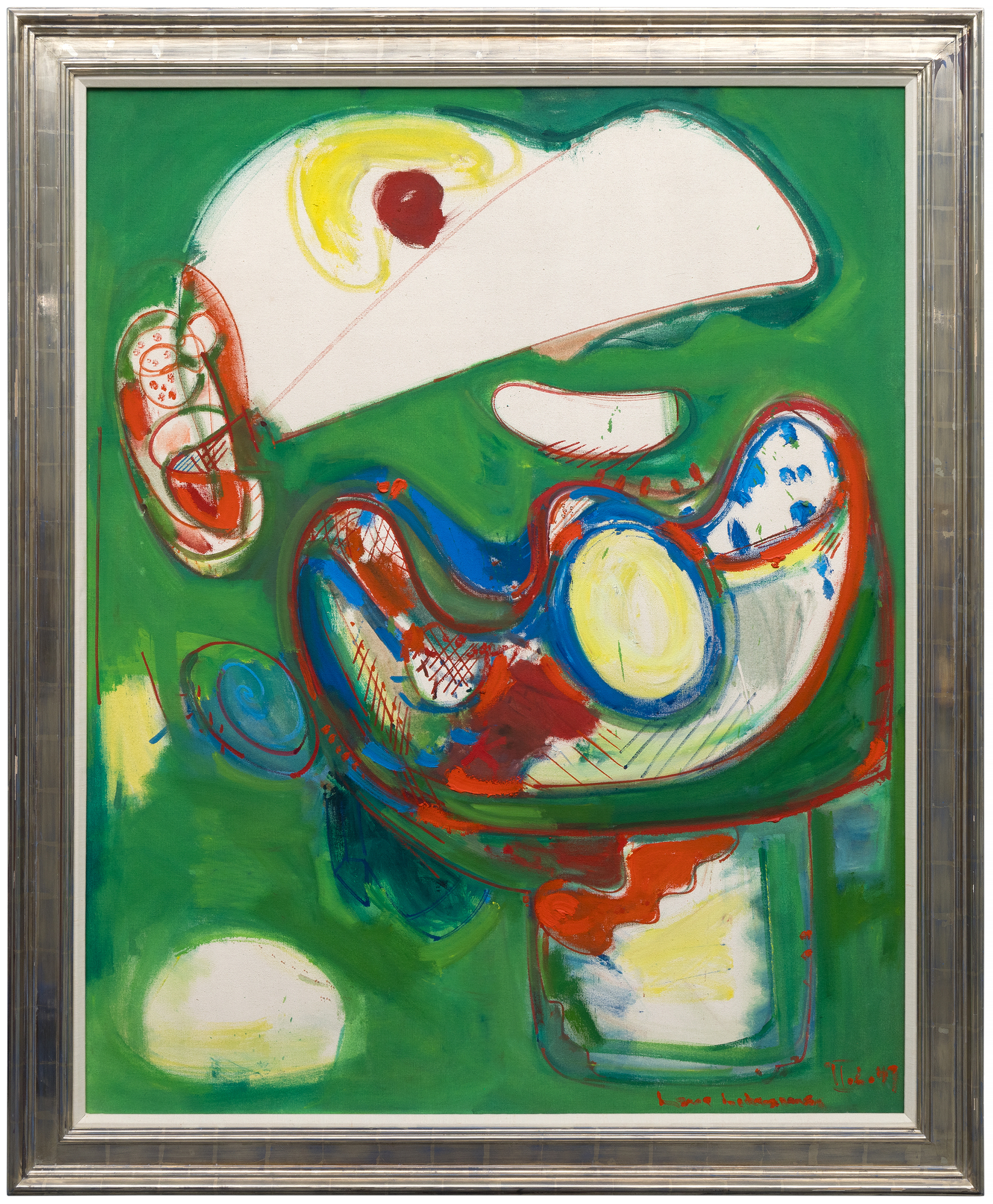 HANS HOFMANN - Baal <div><font face=Lato size=3 color=black>Hans Hofmann's <em>Baal</em> channels the charged energy of its evocative title, rooted in ancient Semitic tradition. The name refers to a lord or master but also carries associations with primal forces of nature, chaos, and creation. Hofmann's work reflects this duality, blending structured design with the untamed vitality of gestural abstraction to create a composition oscillating between entropy and order.</font></div>
<br>
<br><div> </div>
<br>
<br><div><font face=Lato size=3 color=black>Painted at age 65, <em>Baal</em> also showcases Hofmann's willingness to revisit earlier disciplines while addressing the challenges of mid-century abstraction. Its vibrant palette and bold use of complementary colors, particularly the juxtaposition of red and green, heightens the painting's dynamism. His muscular brushwork also reflects his lifelong experimentation with the tension between form and freedom; undulating lines and biomorphic forms evoke the surrealist influence of Miró and the spiritual resonance of Kandinsky's gestural abstractions. Like these predecessors, Hofmann sought to translate "inner necessity" into visual expression, guided by his fertile imagination. Yet the planal elements and curvilinear shapes of <em>Baal</em> also reflect the influence of improvisational painting, a hallmark of Abstract Expressionism as practiced by contemporaries like Arshile Gorky, among others. It is a composition that teems with movement and energy, suggesting a cosmos in flux—chaotic yet deliberate.</font></div>
<br>
<br><div> </div>
<br>
<br><div><font face=Lato size=3 color=black>Exhibited the same year at Betty Parsons Gallery in New York, <em>Baal</em> signals Hofmann's evolution as a master and innovator. With its vivid dynamism and symbolic title, the painting epitomizes Hofmann's ability to infuse abstraction with elemental power, crafting a deeply personal exploration of form and color.</font></div>