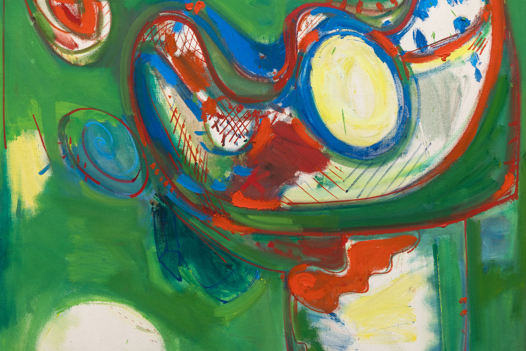 HANS HOFMANN - Baal <div><font face=Lato size=3 color=black>Hans Hofmann's <em>Baal</em> channels the charged energy of its evocative title, rooted in ancient Semitic tradition. The name refers to a lord or master but also carries associations with primal forces of nature, chaos, and creation. Hofmann's work reflects this duality, blending structured design with the untamed vitality of gestural abstraction to create a composition oscillating between entropy and order.</font></div>
<br>
<br><div> </div>
<br>
<br><div><font face=Lato size=3 color=black>Painted at age 65, <em>Baal</em> also showcases Hofmann's willingness to revisit earlier disciplines while addressing the challenges of mid-century abstraction. Its vibrant palette and bold use of complementary colors, particularly the juxtaposition of red and green, heightens the painting's dynamism. His muscular brushwork also reflects his lifelong experimentation with the tension between form and freedom; undulating lines and biomorphic forms evoke the surrealist influence of Miró and the spiritual resonance of Kandinsky's gestural abstractions. Like these predecessors, Hofmann sought to translate "inner necessity" into visual expression, guided by his fertile imagination. Yet the planal elements and curvilinear shapes of <em>Baal</em> also reflect the influence of improvisational painting, a hallmark of Abstract Expressionism as practiced by contemporaries like Arshile Gorky, among others. It is a composition that teems with movement and energy, suggesting a cosmos in flux—chaotic yet deliberate.</font></div>
<br>
<br><div> </div>
<br>
<br><div><font face=Lato size=3 color=black>Exhibited the same year at Betty Parsons Gallery in New York, <em>Baal</em> signals Hofmann's evolution as a master and innovator. With its vivid dynamism and symbolic title, the painting epitomizes Hofmann's ability to infuse abstraction with elemental power, crafting a deeply personal exploration of form and color.</font></div>