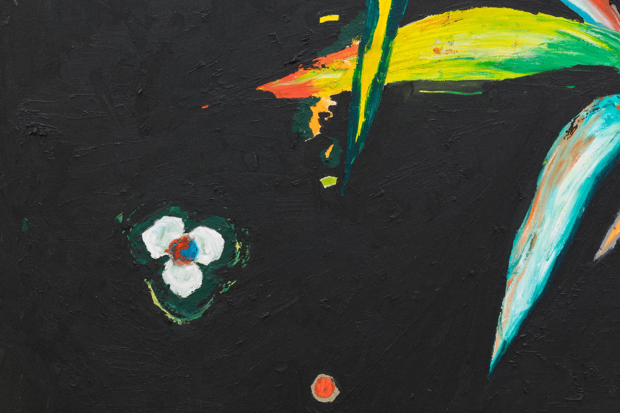 <div>Harold Ancart’s <em>Untitled </em>(2015) reflects the artist’s poetic engagement with landscape and memory, created in the wake of his transformative 2014 cross-country road trip across the United States. During this journey, Ancart converted his car into a mobile studio, stopping spontaneously to sketch and record fleeting impressions of the natural environment. These observations informed a new body of work that magnified and abstracted ephemeral moments in the landscape, ultimately inspiring his first major institutional solo exhibition at The Menil Collection in Houston in 2016. </div><br><br><div>&nbsp;</div><br><br><div>In this painting, a luminous, stylized plant rises against a deep black ground, its elongated leaves rendered in radiant greens, yellows, and reds that appear to glow against the darkness. The composition balances graphic clarity with expressive spontaneity—gestural marks and splashes of color orbit the central form like fragments of light or drifting pollen. By isolating and enlarging a single botanical subject, Ancart transforms a fleeting natural encounter into a monumental image that feels both intimate and cosmic. </div><br><br><div>&nbsp;</div><br><br><div>Plant imagery has remained a recurring motif throughout Ancart’s practice, reappearing in later exhibitions including his 2022–2023 presentation at Gagosian. Trained in Belgium and later influenced by the legacy of American abstraction after relocating to New York in 2007, Ancart’s work merges a European sensibility with the expressive freedom of postwar American painting. </div>