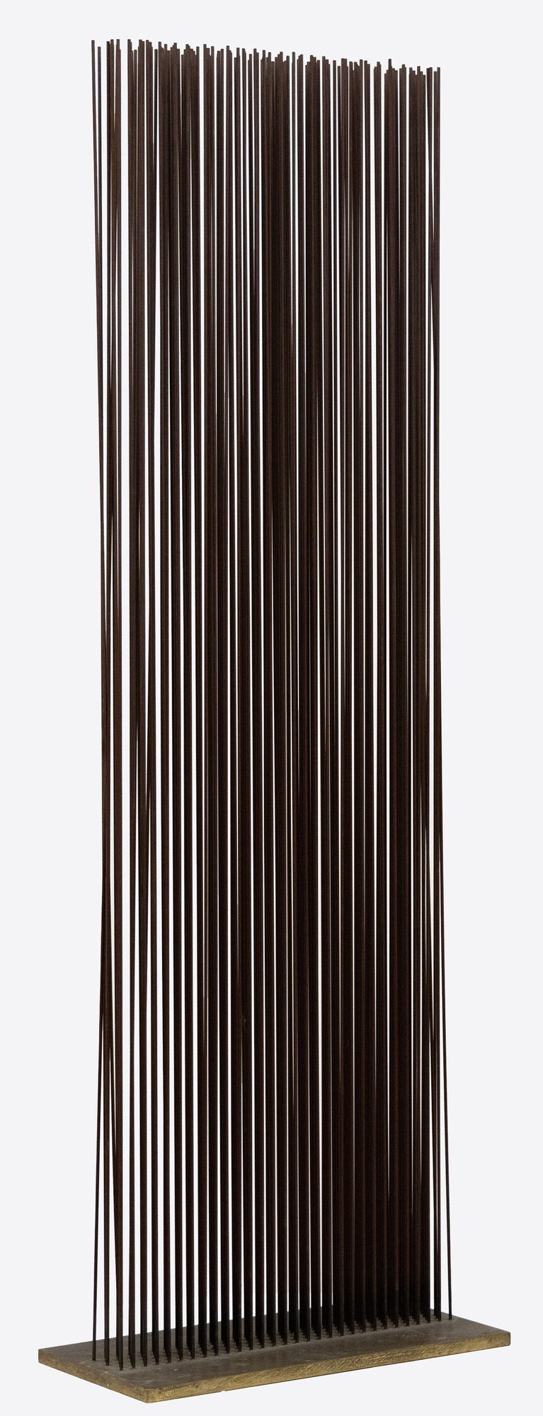 <div><font face=Calibri size=3 color=black>Harry Bertoia was an authentic visionary in art, and they are rare. Of those whose métier is sculpture, Alexander Calder and Harry Bertoia are the twentieth-century American standouts. They are engineers of beauty; their creative currency is feats of invention and pure artistry that honor our experience of them (if we are willing to quiet our mind) as if a sacred event. It was Duchamp who suggested Calder call his kinetic works “mobiles”, but it was up to Bertoia himself to coin a word to describe something for which there was little precedent. Visually precise, kinetic, and offering resonant, vibratory sound, a “Sonambient” sculpture is at once a metaphor for our sentient experience in the world yet capable of inducing an aura of transcendent experience. Given that insight, it is easy to understand Bertoia’s view that “I don’t hold onto terms like music and sculpture anymore. Those old distinctions have lost all their meaning.”</font></div>
<br>
<br><div> </div>
<br>
<br><div><font face=Calibri size=3 color=black>The present “Sonambient” sculpture is a forty-eight-inch-tall curtain of thin-gauged tines. Once activated, it becomes a 15 3/4 inch long, 8 inches deep wall of sound. Five rows of narrow tines are staggered in number, alternating between 30 and 29 tines that, when activated, present as an undulating wall of sound. When touched or moved by air currents, the rods produce a sound that, while metallic, does not betray its source of inspiration: the serene connection Bertoia felt in observing the gentle undulating movement of desert grasses. As always, this is a Bertoia sculpture that invites participation in the experience of changing shapes and sounds, a participatory work that asks us to be present in the moment, to connect across time with the object and its creator.</font></div>