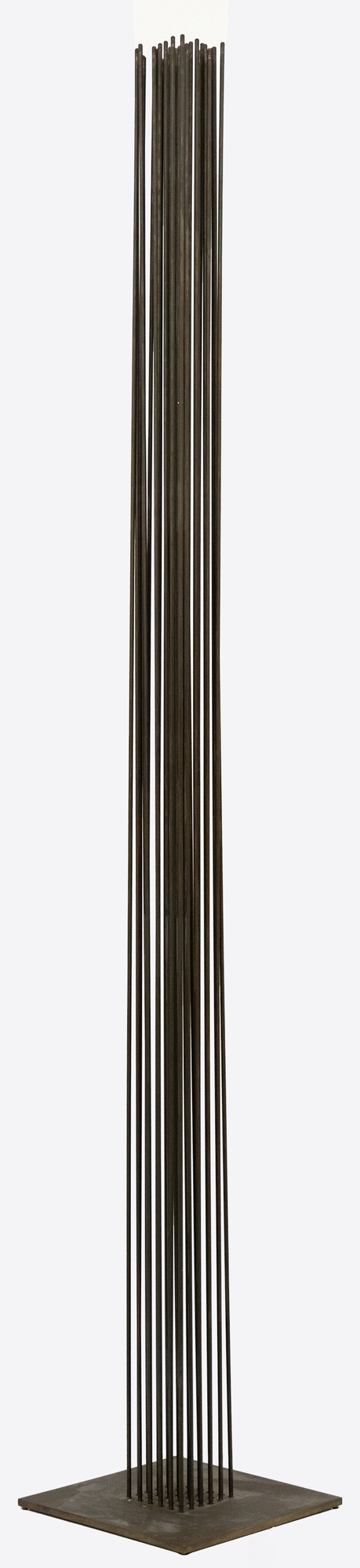 <div><font face=Calibri size=3 color=black>Standing at an impressive 103 inches, this elegantly spare “Sonambient” sculpture by Harry Bertoia allows us to marvel at one of the finest artisans of his generation. This piece, the tallest in the series currently available here at Heather James Fine Art, features a precise arrangement of 36 slender tines in a 6 x 6 grid. This arrangement's uniformity and symmetry are visually captivating and crucial for the sculpture's acoustic properties. The rods, austere and uncapped by finials, have an aged patina with copper undertones, suggesting Bertoia's use of copper or a similar alloy known for its resonant qualities and distinctive coloration. Given the outstanding length of these rods, the attachment method is particularly noteworthy. Bertoia meticulously inserted each rod into individual holes in the base plate using precision drilling and securing techniques such as welding that ensured the rods were firmly anchored and stable, maintaining the structural integrity essential for consistent acoustic performance.</font></div>
<br>
<br><div> </div>
<br>
<br><div><font face=Calibri size=3 color=black>Beyond his uncompromising nature, Bertoia's work draws significant inspiration from natural elements. This sculpture's tall, slender rods evoke images of reeds or tall grasses swaying gently in the wind. This dynamic interaction between the sculpture and its environment mirrors the movement of plants, creating an immersive, naturalistic experience. Yet when activated or moved by air currents, the rods of this monumental work initiate metallic undertones that confirm its materiality without betraying its profound connection to the natural world.</font></div>
<br>
<br><div><font face=Calibri size=3 color=black>Integrating technical precision and natural inspiration depends on exacting construction that ensures durability and acoustic consistency, while its kinetic and auditory nature imbues the piece with a sense of vitality. This fusion invites viewers to engage with the sculpture on multiple sensory levels, appreciating its robust craftsmanship and evocative, naturalistic qualities. Bertoia's ability to blend these elements results in a work that is both a technical marvel and a tribute to the beauty of the natural world.</font></div>