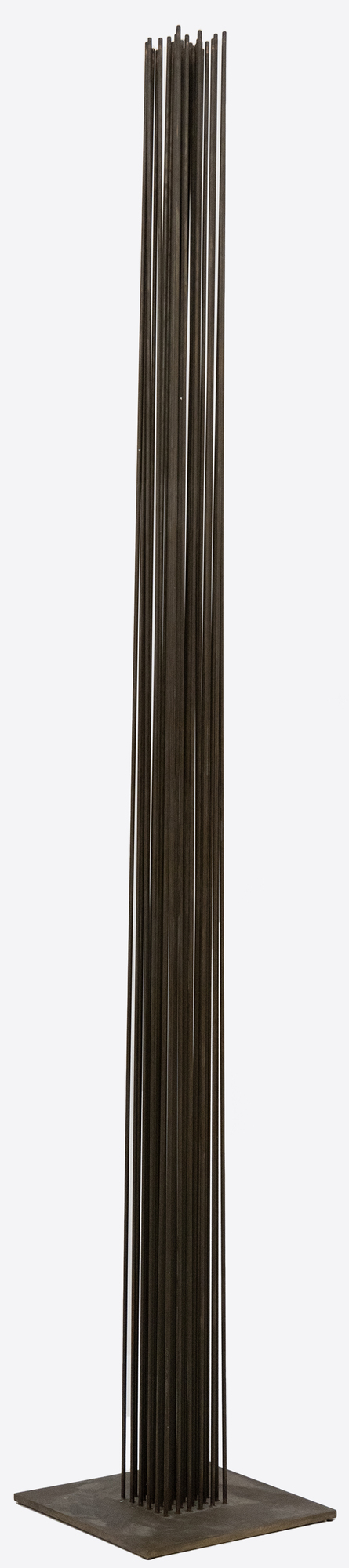 <div><font face=Calibri size=3 color=black>Standing at an impressive 103 inches, this elegantly spare “Sonambient” sculpture by Harry Bertoia allows us to marvel at one of the finest artisans of his generation. This piece, the tallest in the series currently available here at Heather James Fine Art, features a precise arrangement of 36 slender tines in a 6 x 6 grid. This arrangement's uniformity and symmetry are visually captivating and crucial for the sculpture's acoustic properties. The rods, austere and uncapped by finials, have an aged patina with copper undertones, suggesting Bertoia's use of copper or a similar alloy known for its resonant qualities and distinctive coloration. Given the outstanding length of these rods, the attachment method is particularly noteworthy. Bertoia meticulously inserted each rod into individual holes in the base plate using precision drilling and securing techniques such as welding that ensured the rods were firmly anchored and stable, maintaining the structural integrity essential for consistent acoustic performance.</font></div>
<br>
<br><div> </div>
<br>
<br><div><font face=Calibri size=3 color=black>Beyond his uncompromising nature, Bertoia's work draws significant inspiration from natural elements. This sculpture's tall, slender rods evoke images of reeds or tall grasses swaying gently in the wind. This dynamic interaction between the sculpture and its environment mirrors the movement of plants, creating an immersive, naturalistic experience. Yet when activated or moved by air currents, the rods of this monumental work initiate metallic undertones that confirm its materiality without betraying its profound connection to the natural world.</font></div>
<br>
<br><div><font face=Calibri size=3 color=black>Integrating technical precision and natural inspiration depends on exacting construction that ensures durability and acoustic consistency, while its kinetic and auditory nature imbues the piece with a sense of vitality. This fusion invites viewers to engage with the sculpture on multiple sensory levels, appreciating its robust craftsmanship and evocative, naturalistic qualities. Bertoia's ability to blend these elements results in a work that is both a technical marvel and a tribute to the beauty of the natural world.</font></div>