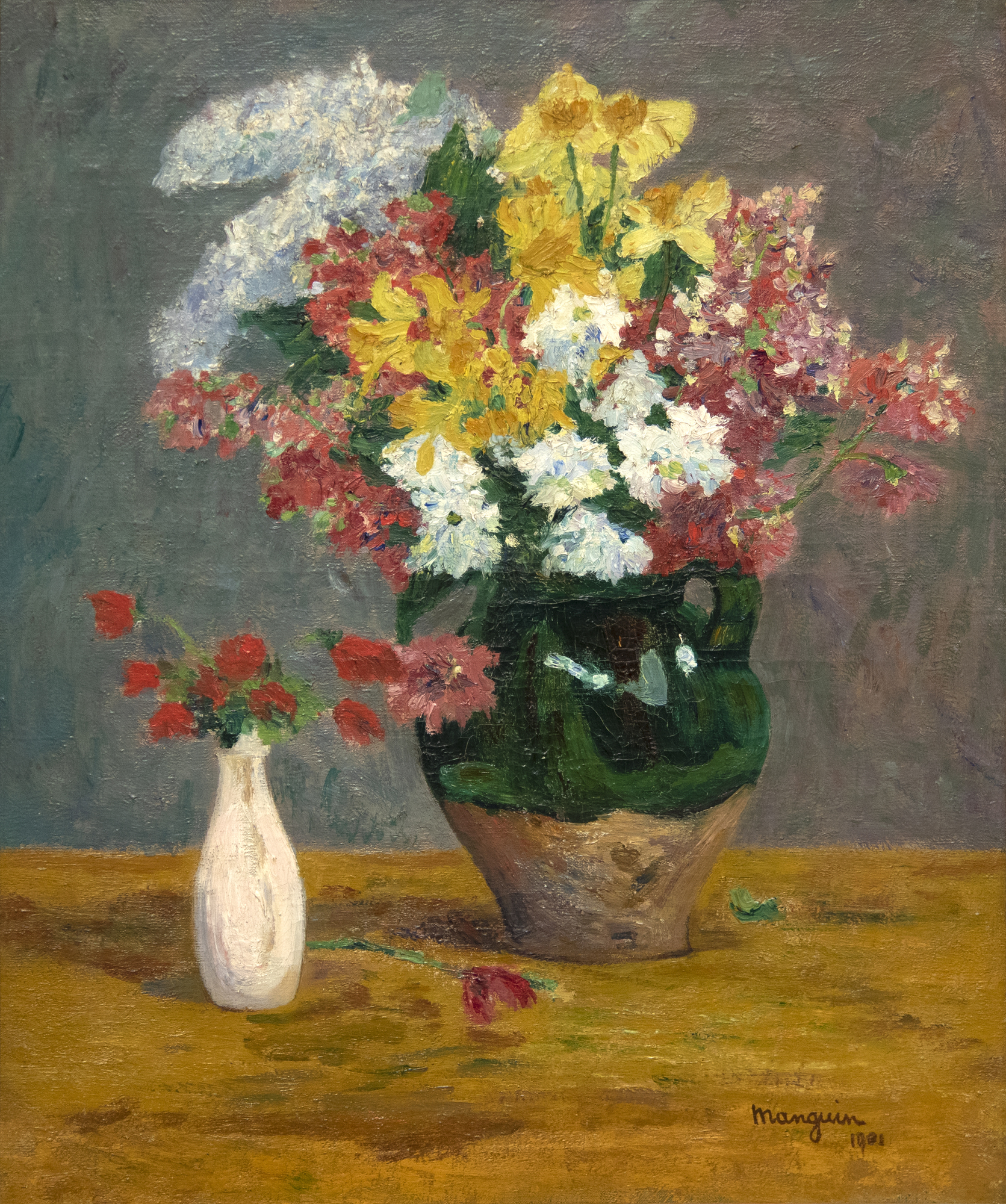 "Bouquets de Fleurs" (1901) is a glowing Post-Impressionist still life. As the revolutionary wave of Impressionism receded from its apex, artists such as Henri Manguin, Henri Matisse, Kees van Dongen, Louis Valtat, and others emerged as part of the new avant-garde in Europe. These “Fauves,” or roughly translated “wild beasts,” would attack their canvases with a bold and vibrant new palette. This completely new way of painting was not initially celebrated by critics, or the artistic elite, but is today recognized among the most innovative and original artistic movements of the 20th Century.    <br><br>The present work, painted just before the revolution of Fauvism took hold, demonstrates a critical transitionary period in Modern Art. The subject is depicted with a masterful compositional sense and attention to spatial relationships. Manguin’s competency in composition would allow him to experiment freely with color during the first decade of the 20th Century. The slightly later but comparable Manguin still life “Flowers” (1915) is in the permanent collection of the Hermitage Museum, St. Petersburg, Russia.