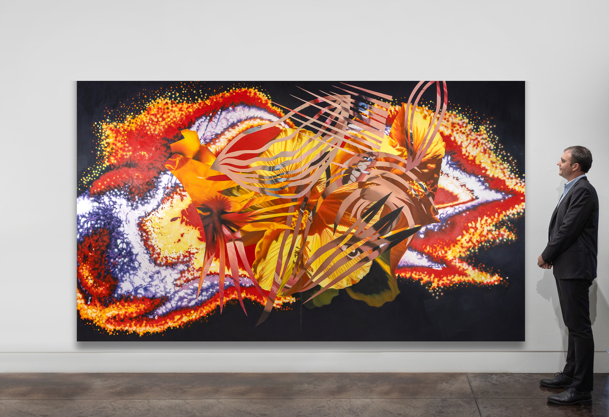 <div><font face=Lato size=3><em>Flowers Before the Sun</em>, a monumental 1989 oil on canvas by James Rosenquist, stands out as a pinnacle of his 1980s floral series, weaving vibrant botanical forms with faint human traces. A key figure of 1960s Pop Art, Rosenquist transitioned from his early commercial-driven works to a deeply personal style, a change reflected in this painting’s dazzling array of flowers in yellows and reds set against a swirling, cosmic backdrop of whites, purples, and oranges. Inspired by the move of his studio to Aripeka, Florida, and the adoption of advanced color photocopier technology, the work fuses nature’s splendor with abstract flair in a fresh approach. </font></div><br><br><div>&nbsp;</div><br><br><div><font face=Lato size=3>The striated layers of hyper-detailed imagery and profusion of warm colors evoke a radiant, otherworldly sun, while subtle human hints add intimacy, reflecting his distinctive blend of advertising heritage with personal vision. Crafted during a time of technological and environmental influence, it captures the vibrancy of Florida’s tropical flora and affirms Rosenquist’s enduring legacy with dramatic brilliance. </font></div>