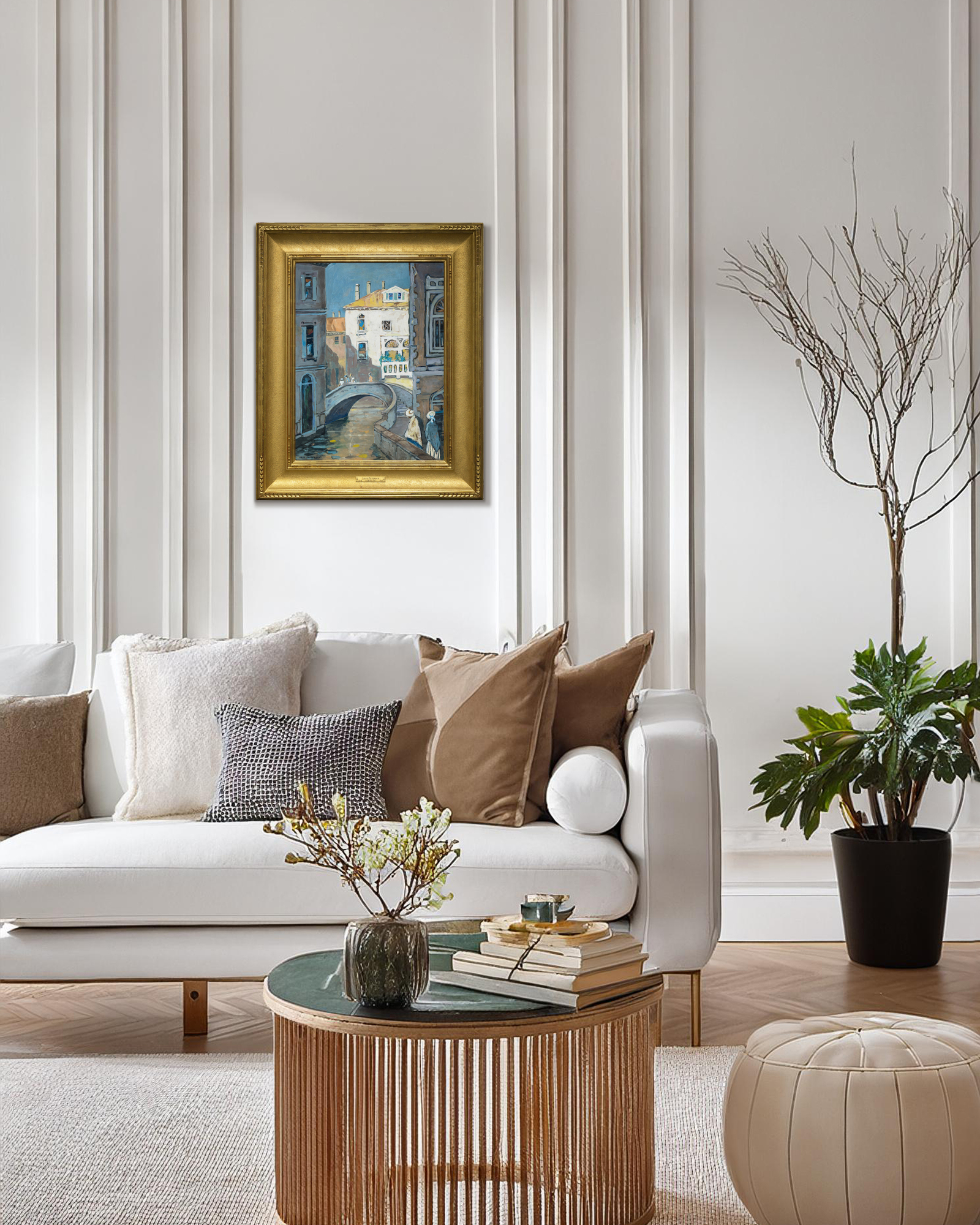 <div><font face=Lato size=3 color="#191919"><em>Figures Along a Venetian Canal, Summer </em>is a vibrant and characteristically bold example of Jane Peterson’s Venetian canal scenes, a subject that represents one of the most collected and widely recognized motifs within her body of work and is one she returned to repeatedly during her European travels. Peterson is known for combining academic draftsmanship with bold color and loose, expressive brushwork. Her work reflects the visual influence of Impressionism, Fauvism, and Art Nouveau. Previously held in the collection of the artist and her estate, this painting is a beautiful example of these influences and of her signature style.</font></div><br><br><div>&nbsp;</div><br><br><div><font face=Lato size=3 color="#191919">The medium and smaller format of this canvas was chosen for portability during Peterson’s travels and captures a serene moment with figures moving along the canals, approaching a bridge. Peterson uses saturated colors and broad, lively brushstrokes to animate the scene, as well as use of light to bring the scene to life and create a distinct mood. The painting relates closely to other Venetian scenes in major museum collections, including <em>St. Mark's in Venice</em>, circa 1920 in the permanent collection of The Norton Museum of Art.</font></div><br><br><div>&nbsp;</div><br><br><div><font face=Lato size=3 color="#191919">Peterson was known for choosing subjects beyond the conventional expectations for women artists of her time, favoring street scenes, travel, public life, and even wartime experience. <em>Figures Along a Venetian Canal, Summer </em>embodies this outward looking spirit, revealing her ability to transform everyday scenes into moments of vivid immediacy and enduring charm.</font></div>