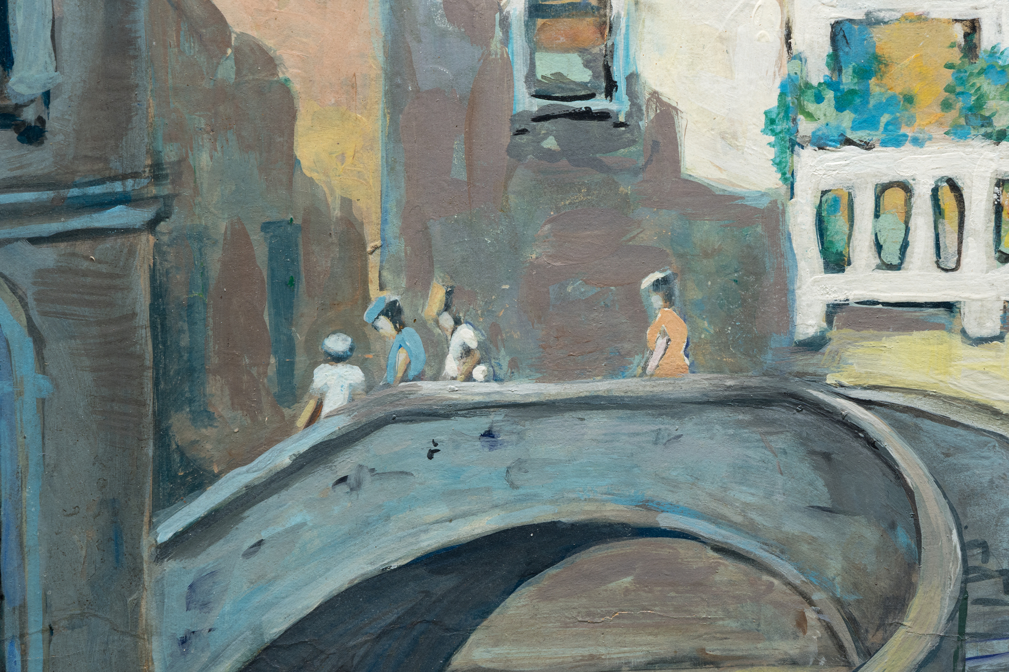 <div><font face=Lato size=3 color="#191919"><em>Figures Along a Venetian Canal, Summer </em>is a vibrant and characteristically bold example of Jane Peterson’s Venetian canal scenes, a subject that represents one of the most collected and widely recognized motifs within her body of work and is one she returned to repeatedly during her European travels. Peterson is known for combining academic draftsmanship with bold color and loose, expressive brushwork. Her work reflects the visual influence of Impressionism, Fauvism, and Art Nouveau. Previously held in the collection of the artist and her estate, this painting is a beautiful example of these influences and of her signature style.</font></div><br><br><div>&nbsp;</div><br><br><div><font face=Lato size=3 color="#191919">The medium and smaller format of this canvas was chosen for portability during Peterson’s travels and captures a serene moment with figures moving along the canals, approaching a bridge. Peterson uses saturated colors and broad, lively brushstrokes to animate the scene, as well as use of light to bring the scene to life and create a distinct mood. The painting relates closely to other Venetian scenes in major museum collections, including <em>St. Mark's in Venice</em>, circa 1920 in the permanent collection of The Norton Museum of Art.</font></div><br><br><div>&nbsp;</div><br><br><div><font face=Lato size=3 color="#191919">Peterson was known for choosing subjects beyond the conventional expectations for women artists of her time, favoring street scenes, travel, public life, and even wartime experience. <em>Figures Along a Venetian Canal, Summer </em>embodies this outward looking spirit, revealing her ability to transform everyday scenes into moments of vivid immediacy and enduring charm.</font></div>