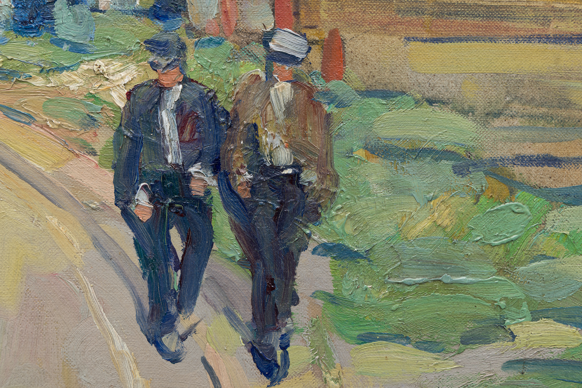 <div><font face=Lato size=3 color="#191919"><em>The Road to the Harbor, Gloucester, Massachusetts</em> is a vibrant and characteristically bold example of Jane Peterson’s celebrated views of the Massachusetts coast, a subject that remains among the most sought after in her work. Previously held in the collection of the artist and her estate, the painting reflects the period when Peterson was producing her finest New England scenes, distilling the atmosphere and color of Gloucester with a confident and expressive hand. Gloucester was one of her most beloved subjects, and comparable paintings of the area have exceeded expectations at auction, often more than doubling their high estimates, underscoring both the desirability of the theme and the competitive value of the present work.</font></div><br><br><div>&nbsp;</div><br><br><div><font face=Lato size=3 color="#191919">This large canvas captures a quiet coastal afternoon, with a dirt road leading toward Gloucester Harbor as suggested by the title. Peterson uses saturated colors and broad, lively brushstrokes to animate the scene, from the touches of blue on the rooftops to the shifting interplay of blue and grey in the retreating sky that suggests a moment just after rainfall. The painting relates closely to other Gloucester works in major museum collections, including <em>Old Road, Gloucester</em> at the Virginia Museum of Fine Arts.</font></div><br><br><div>&nbsp;</div><br><br><div><font face=Lato size=3 color="#191919">Peterson was known for choosing subjects beyond the conventional expectations for women artists of her time, favoring street scenes, travel, public life, and even wartime experience. <em>The Road to the Harbor, Gloucester, Massachusetts </em>embodies this outward looking spirit, revealing her ability to transform everyday coastal paths into scenes of vivid immediacy and enduring charm.</font></div>