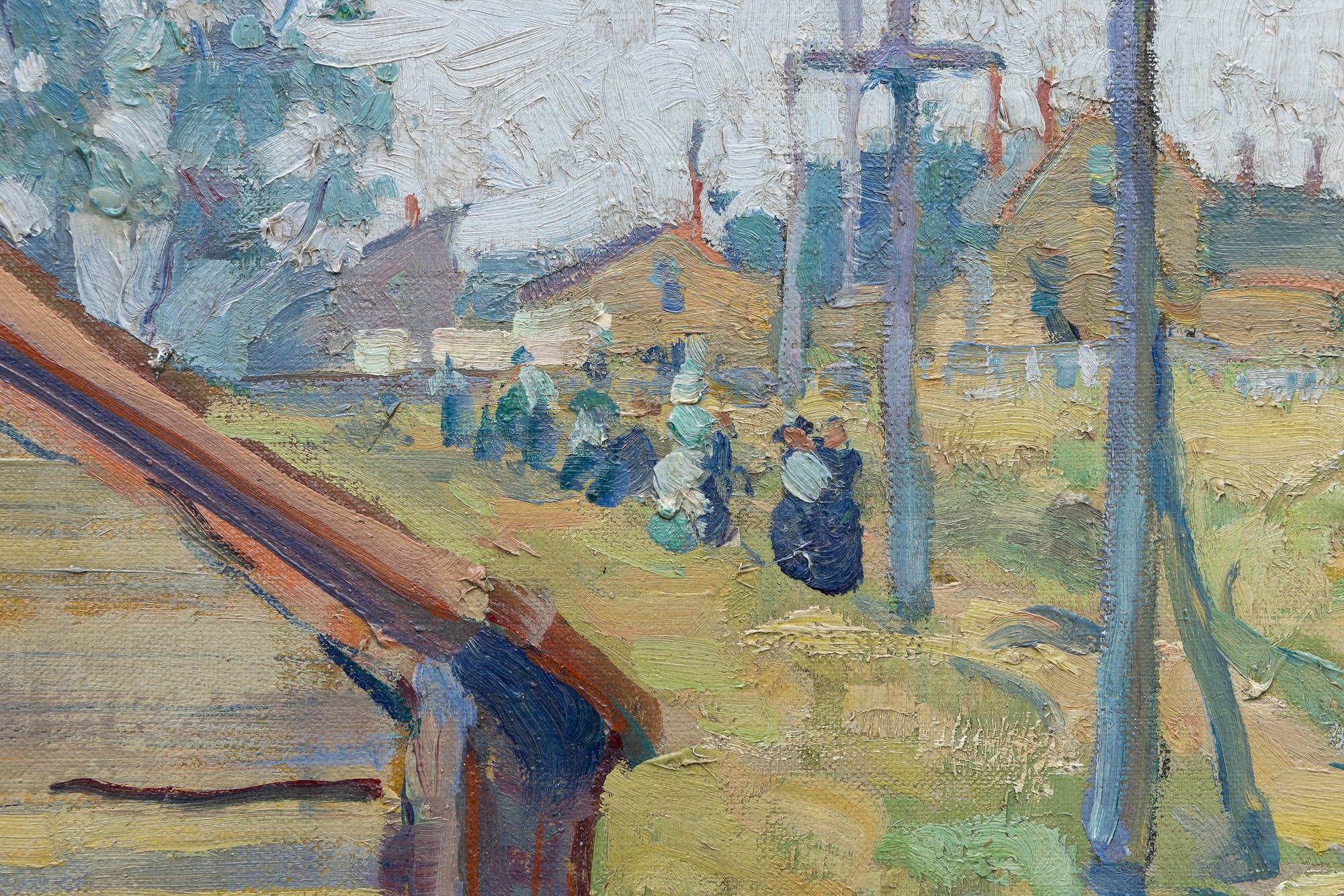 <div><font face=Lato size=3 color="#191919"><em>The Road to the Harbor, Gloucester, Massachusetts</em> is a vibrant and characteristically bold example of Jane Peterson’s celebrated views of the Massachusetts coast, a subject that remains among the most sought after in her work. Previously held in the collection of the artist and her estate, the painting reflects the period when Peterson was producing her finest New England scenes, distilling the atmosphere and color of Gloucester with a confident and expressive hand. Gloucester was one of her most beloved subjects, and comparable paintings of the area have exceeded expectations at auction, often more than doubling their high estimates, underscoring both the desirability of the theme and the competitive value of the present work.</font></div><br><br><div>&nbsp;</div><br><br><div><font face=Lato size=3 color="#191919">This large canvas captures a quiet coastal afternoon, with a dirt road leading toward Gloucester Harbor as suggested by the title. Peterson uses saturated colors and broad, lively brushstrokes to animate the scene, from the touches of blue on the rooftops to the shifting interplay of blue and grey in the retreating sky that suggests a moment just after rainfall. The painting relates closely to other Gloucester works in major museum collections, including <em>Old Road, Gloucester</em> at the Virginia Museum of Fine Arts.</font></div><br><br><div>&nbsp;</div><br><br><div><font face=Lato size=3 color="#191919">Peterson was known for choosing subjects beyond the conventional expectations for women artists of her time, favoring street scenes, travel, public life, and even wartime experience. <em>The Road to the Harbor, Gloucester, Massachusetts </em>embodies this outward looking spirit, revealing her ability to transform everyday coastal paths into scenes of vivid immediacy and enduring charm.</font></div>