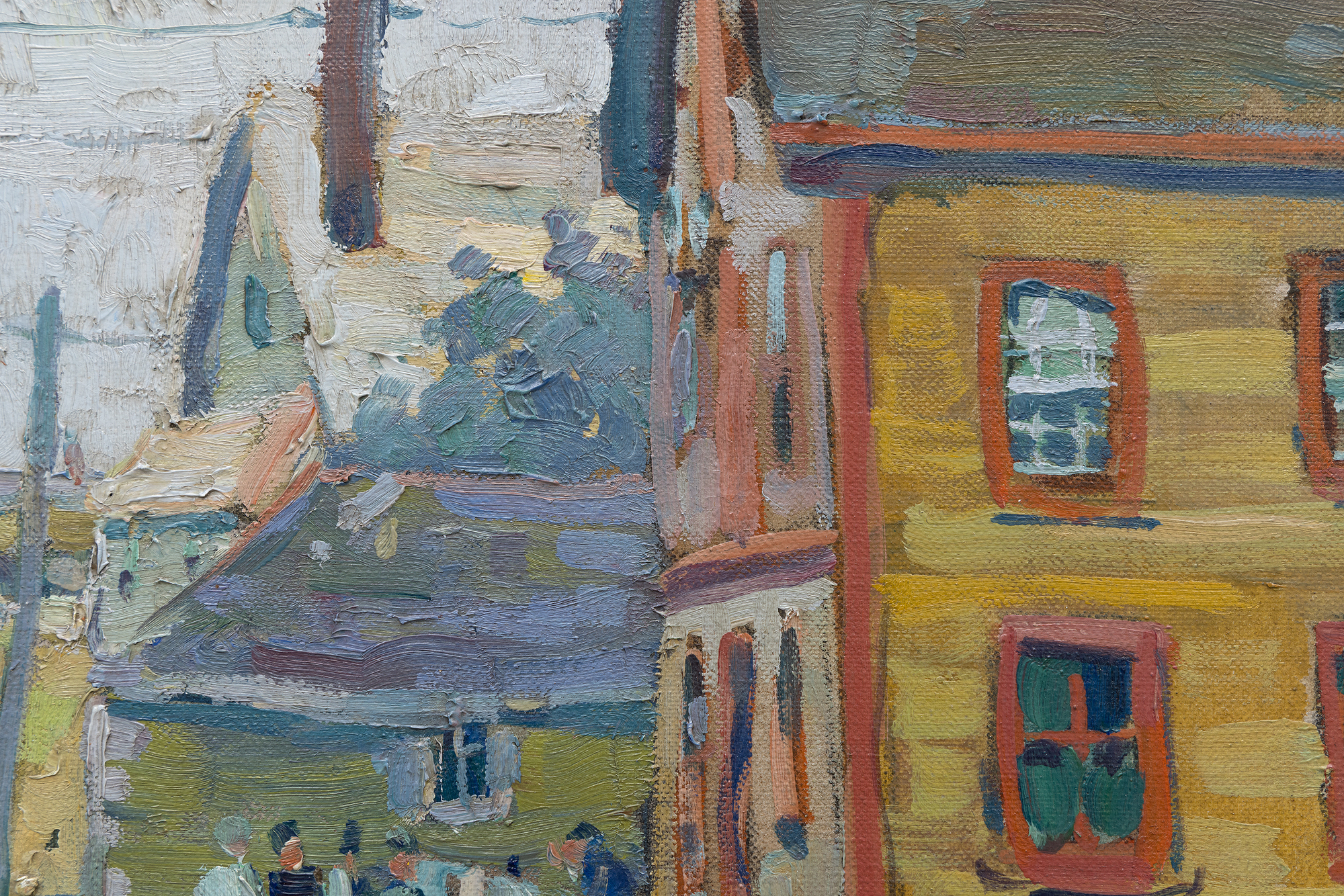 <div><font face=Lato size=3 color="#191919"><em>The Road to the Harbor, Gloucester, Massachusetts</em> is a vibrant and characteristically bold example of Jane Peterson’s celebrated views of the Massachusetts coast, a subject that remains among the most sought after in her work. Previously held in the collection of the artist and her estate, the painting reflects the period when Peterson was producing her finest New England scenes, distilling the atmosphere and color of Gloucester with a confident and expressive hand. Gloucester was one of her most beloved subjects, and comparable paintings of the area have exceeded expectations at auction, often more than doubling their high estimates, underscoring both the desirability of the theme and the competitive value of the present work.</font></div><br><br><div>&nbsp;</div><br><br><div><font face=Lato size=3 color="#191919">This large canvas captures a quiet coastal afternoon, with a dirt road leading toward Gloucester Harbor as suggested by the title. Peterson uses saturated colors and broad, lively brushstrokes to animate the scene, from the touches of blue on the rooftops to the shifting interplay of blue and grey in the retreating sky that suggests a moment just after rainfall. The painting relates closely to other Gloucester works in major museum collections, including <em>Old Road, Gloucester</em> at the Virginia Museum of Fine Arts.</font></div><br><br><div>&nbsp;</div><br><br><div><font face=Lato size=3 color="#191919">Peterson was known for choosing subjects beyond the conventional expectations for women artists of her time, favoring street scenes, travel, public life, and even wartime experience. <em>The Road to the Harbor, Gloucester, Massachusetts </em>embodies this outward looking spirit, revealing her ability to transform everyday coastal paths into scenes of vivid immediacy and enduring charm.</font></div>